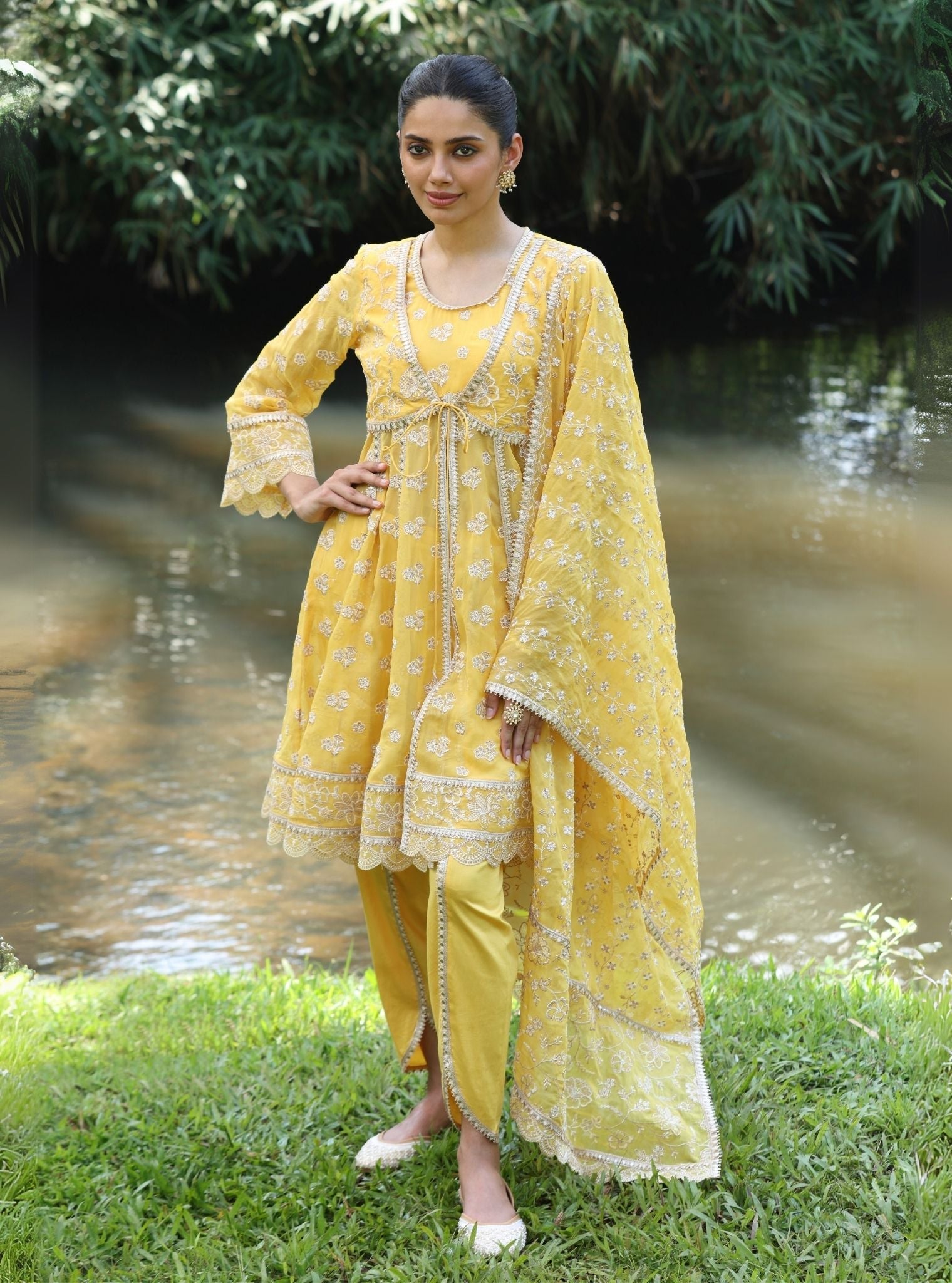 Mulmul Organza Gaatha Yellow Short Anarkali Kurta With Mulmul Pima Satin Gaatha Yellow Dhoti Pant