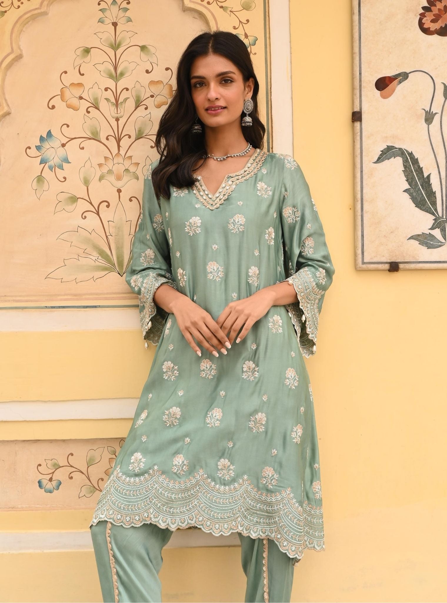 Mulmul Luxe Satin Mehar Teal Blue Kurta with Mulmul Luxe Satin Mehar Teal Blue Pant