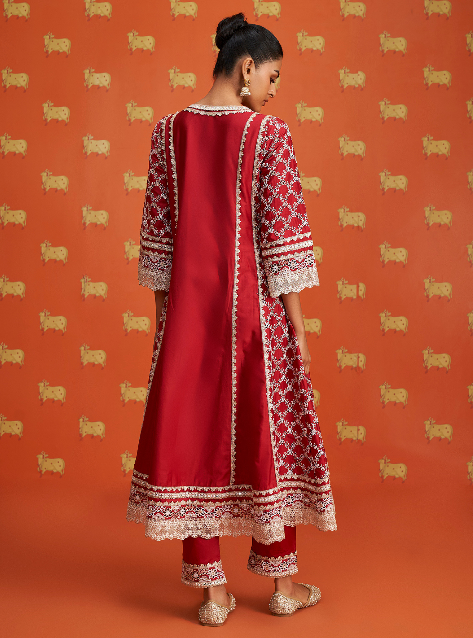 Mulmul Pima Satin Caem Red Kurta With Mulmul Pima Satin Caem Red Pant