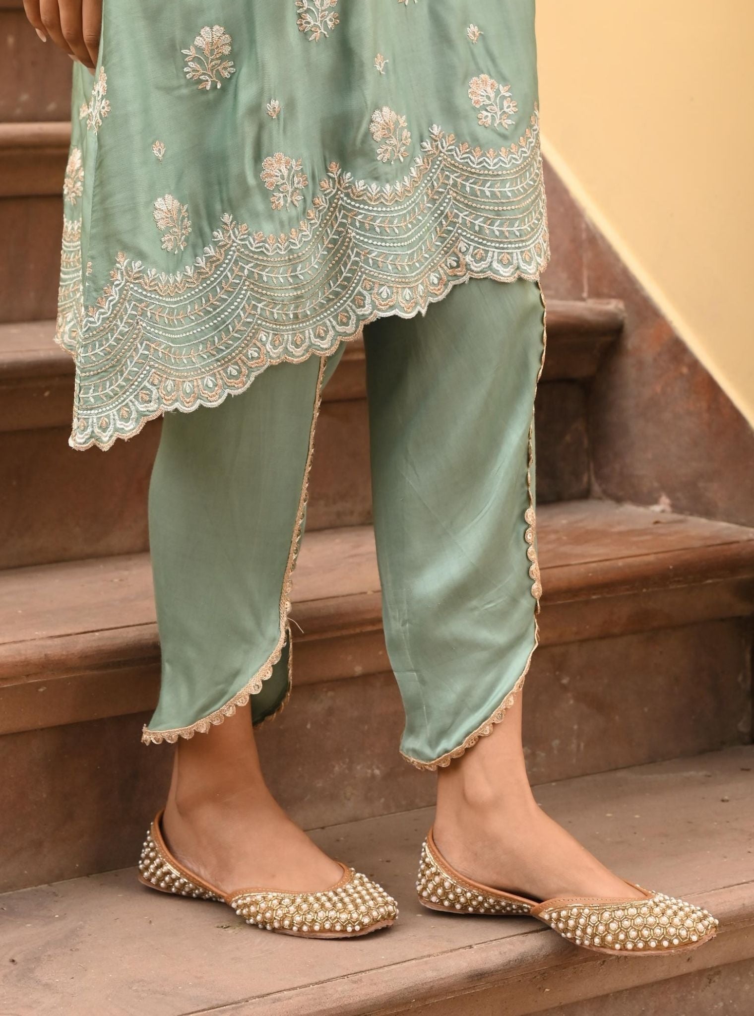 Mulmul Luxe Satin Mehar Teal Blue Kurta with Mulmul Luxe Satin Mehar Teal Blue Pant