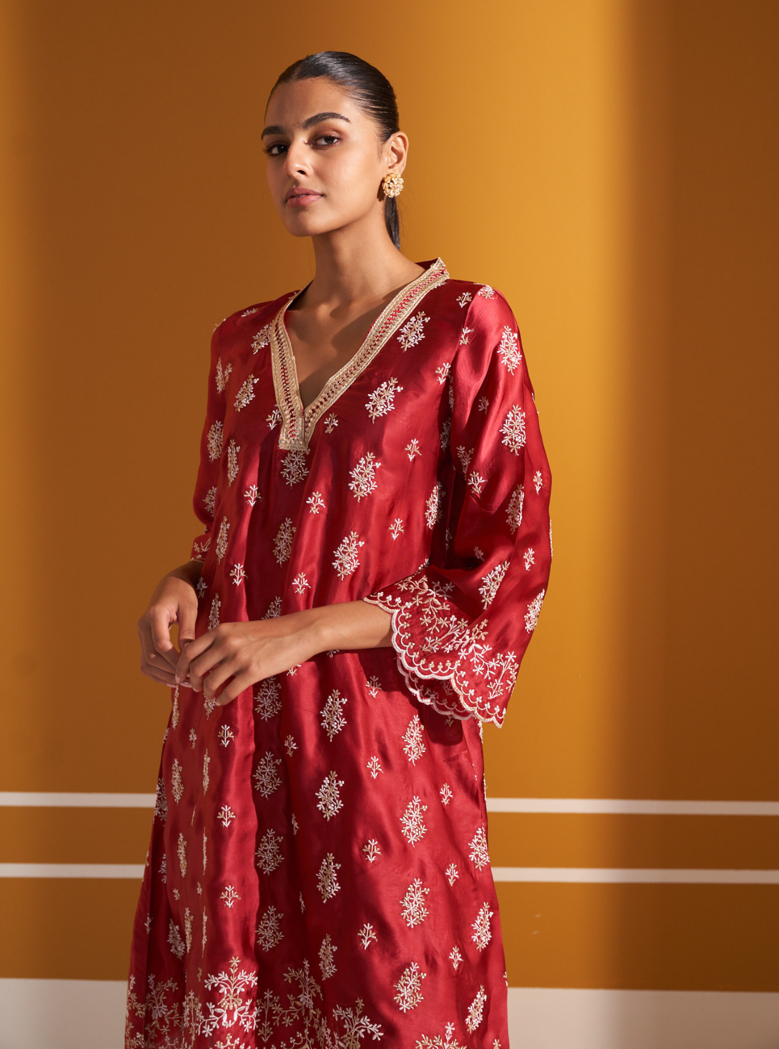 Mulmul Cupro Satin Callaia Red kurta With Mulmul Cupro Satin Callaia Red Salwar