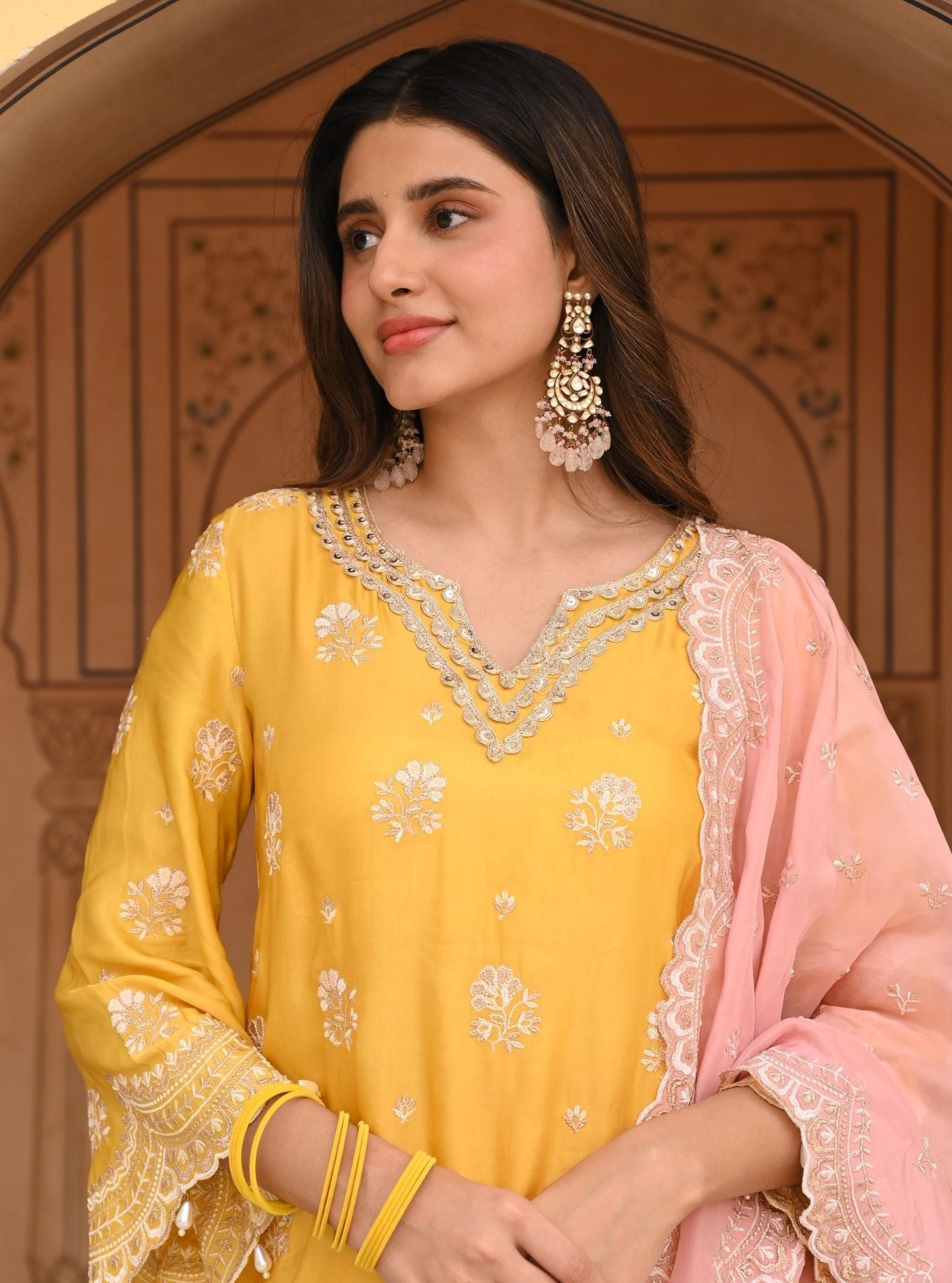 Mulmul Luxe Satin Mehar Yellow Kurta with Mulmul Luxe Satin Mehar Yellow Pant