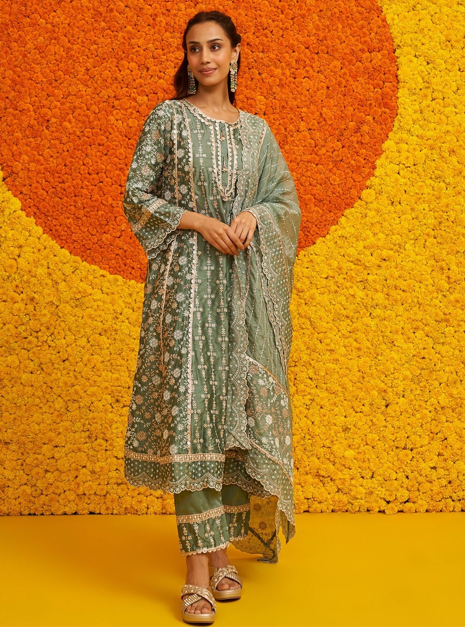 Mulmul Organza Satin Saathiya Teal Blue Kurta With Mulmul Pima Satin Saathiya Teal Blue Pant