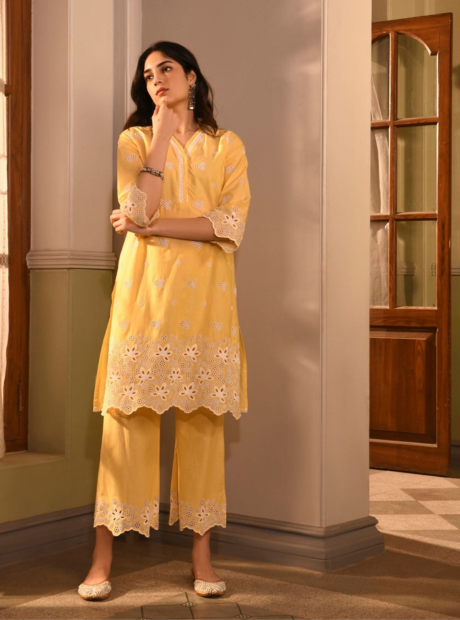 Mulmul Cotton Effat Yellow Kurta With Mulmul Cotton Effat Yellow Pant