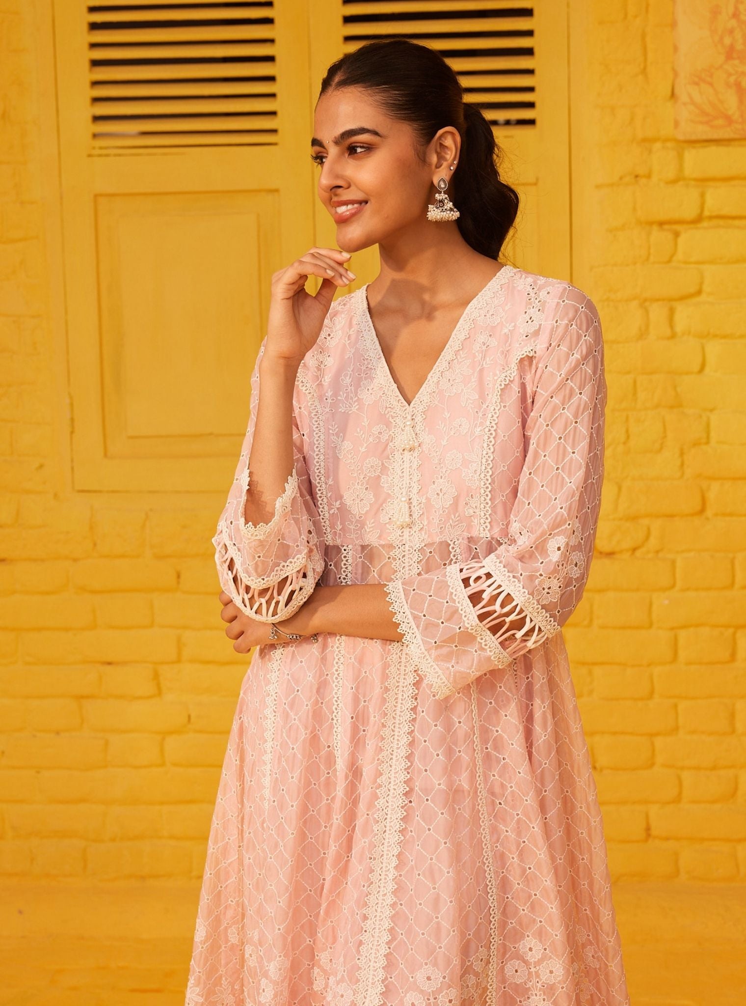 Mulmul Organza Ilaa Pink Anarkali Kurta With Mulmul Cotton Ilaa Pink Pant