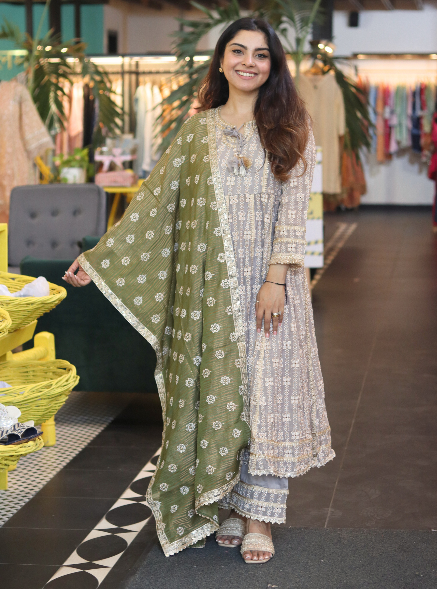 Mulmul Organza Arka Anarkali Grey Kurta with Mulmul Pima Arka Grey Pant