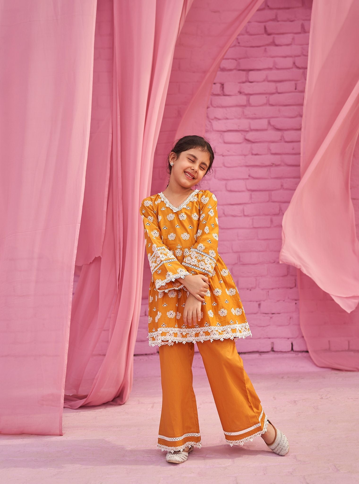 Mulmul Cotton Dwi Orange Kurta With Mulmul Cotton Dwi Orange Pant