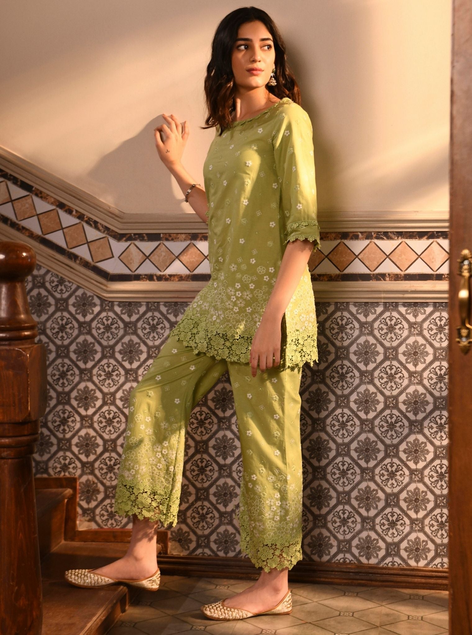 Mulmul Cotton Amiya Light Green Kurta With Mulmul Cotton Amiya Light Green Pant