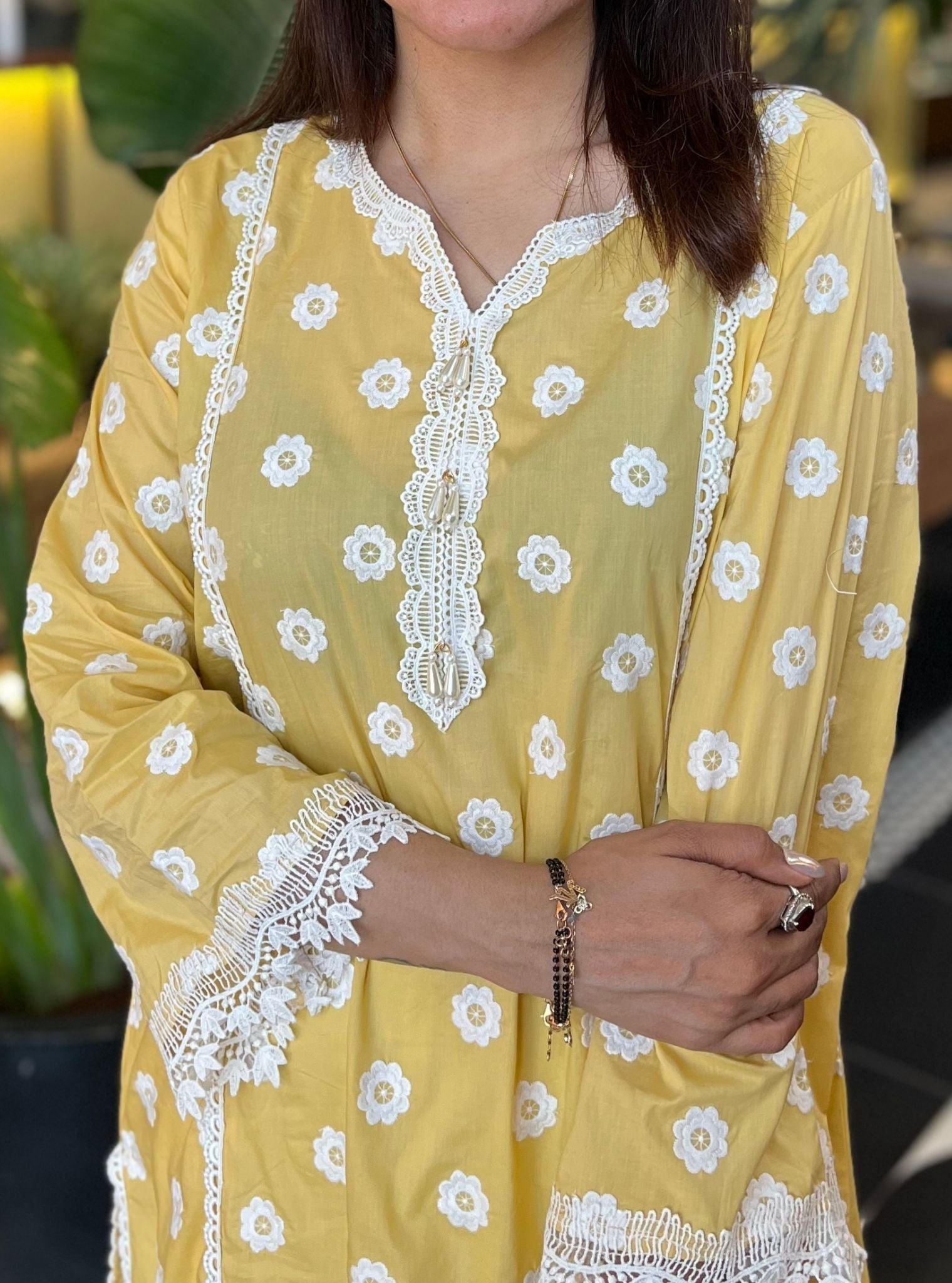 Mulmul Cotton Cathy Yellow Kurta With Mulmul Cotton Tassel Pyajama