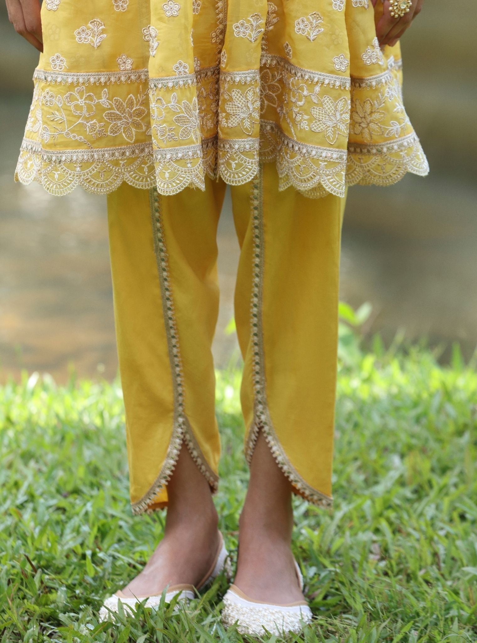 Mulmul Organza Gaatha Yellow Short Anarkali Kurta With Mulmul Pima Satin Gaatha Yellow Dhoti Pant