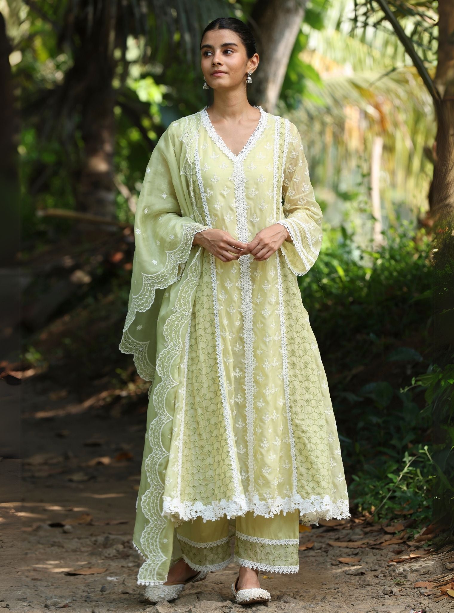 Mulmul Organza Maheen Lime Anarkali Kurta With Mulmul Cotton Maheen Lime Pant