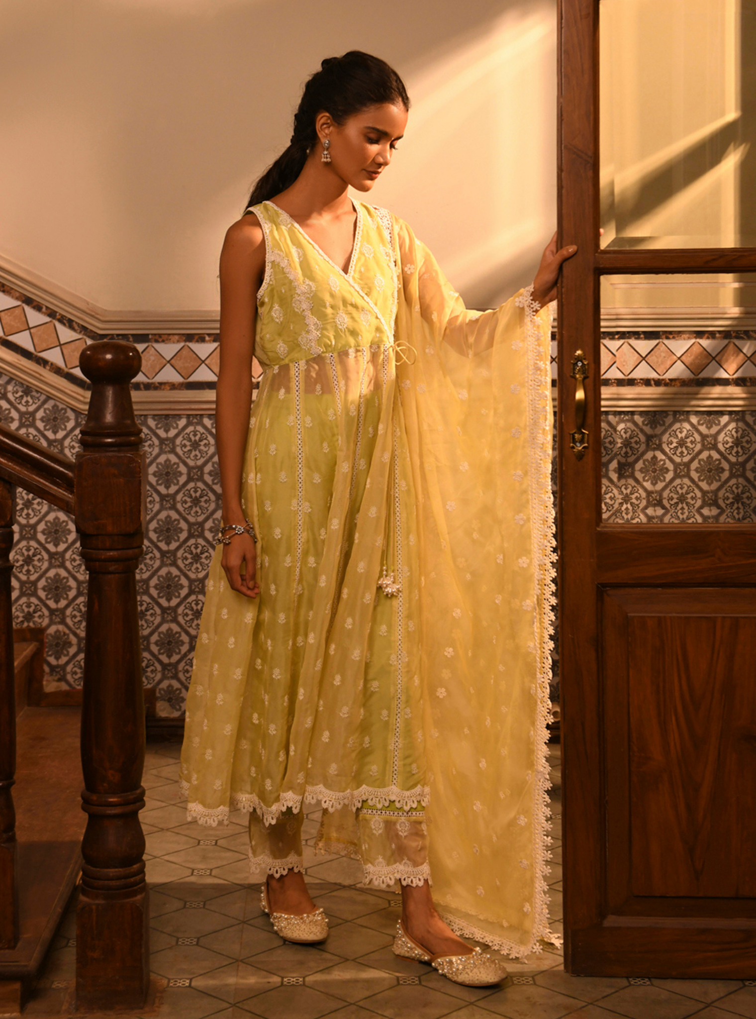 Mulmul Organza Badra Lime Kurta With Mulmul Cotton Badra Lime Pant