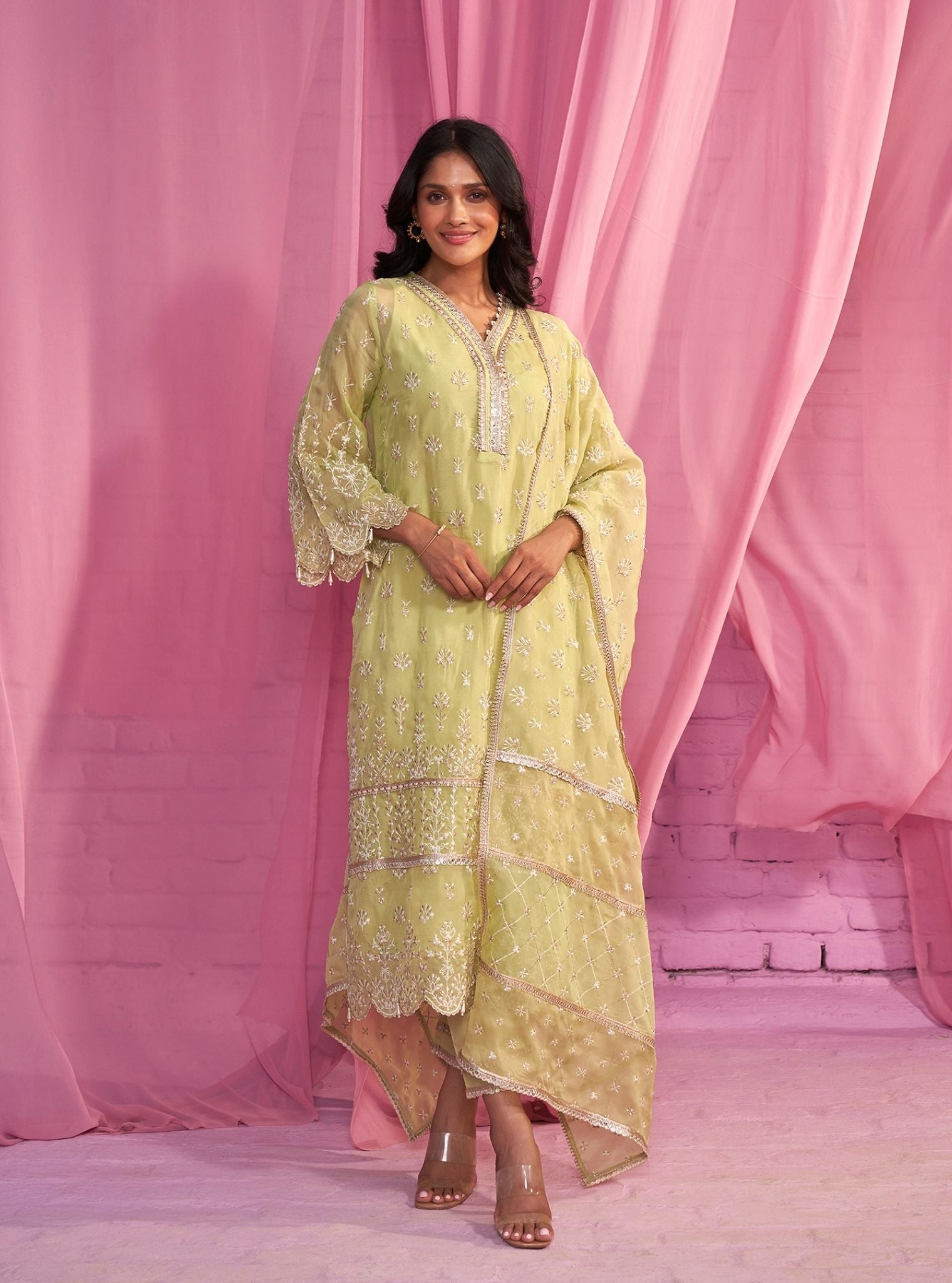 Mulmul Organza Aulia Lime Green Kurta With Mulmul Cotton Aulia Lime Green Pant