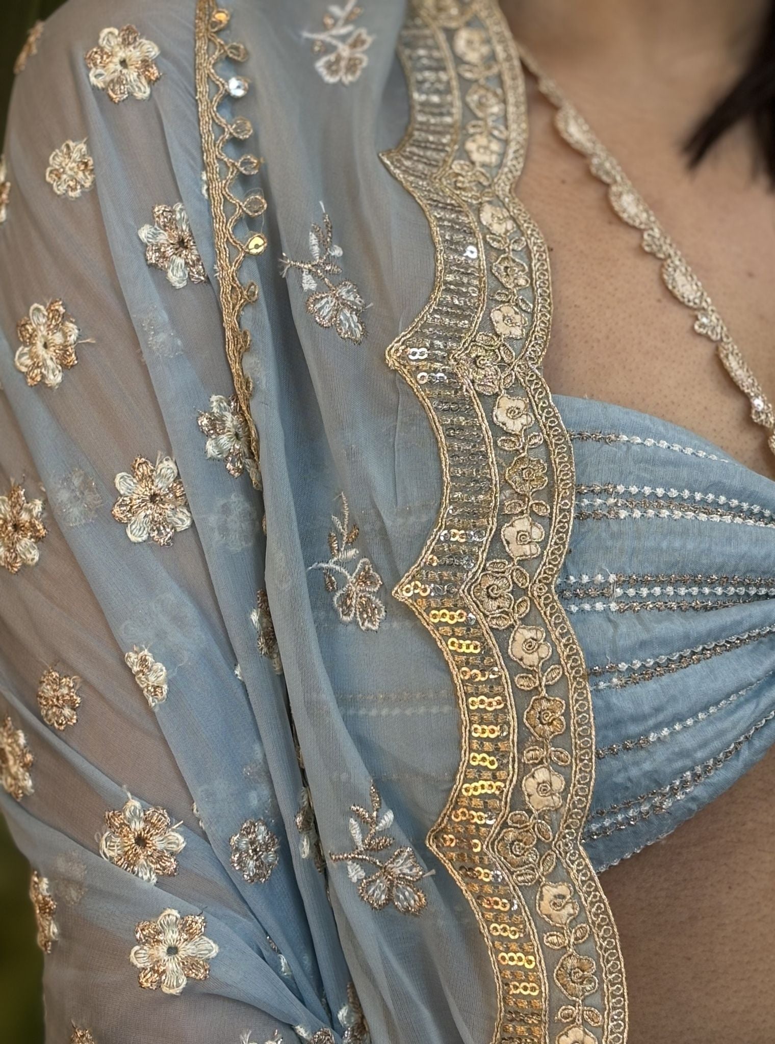 Mulmul Organza Paola Light Blue Lehenga