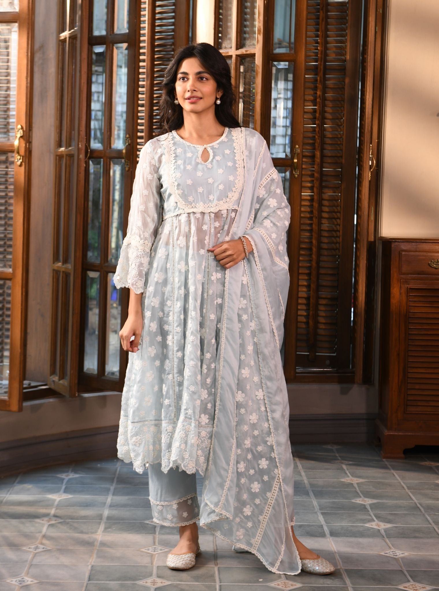 Mulmul Organza Souri Light Blue Anarkali Kurta With Mulmul Cotton Souri Light Blue Pant