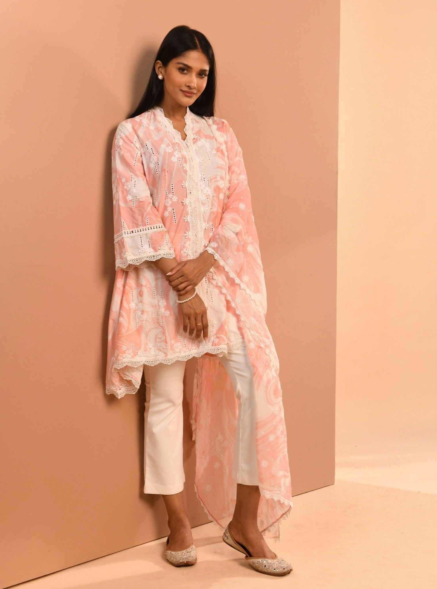 Mulmul Cotton Marble Wyn Pink Kurta