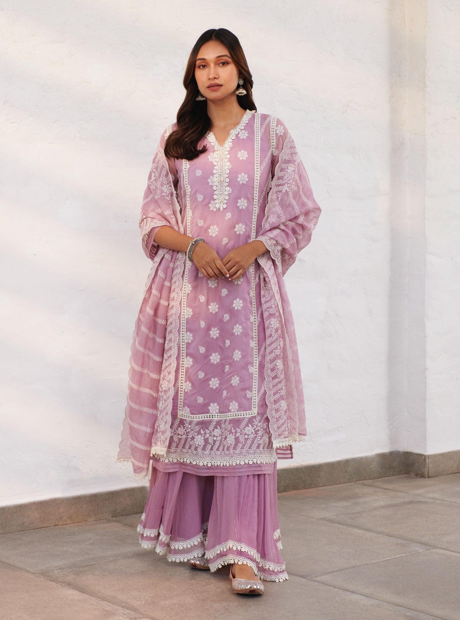 Mulmul Organza Armagh Lilac Kurta With Chiffon Armagh Lilac Sharara