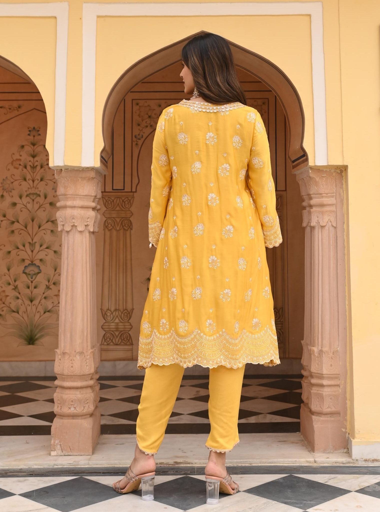 Mulmul Luxe Satin Mehar Yellow Kurta with Mulmul Luxe Satin Mehar Yellow Pant