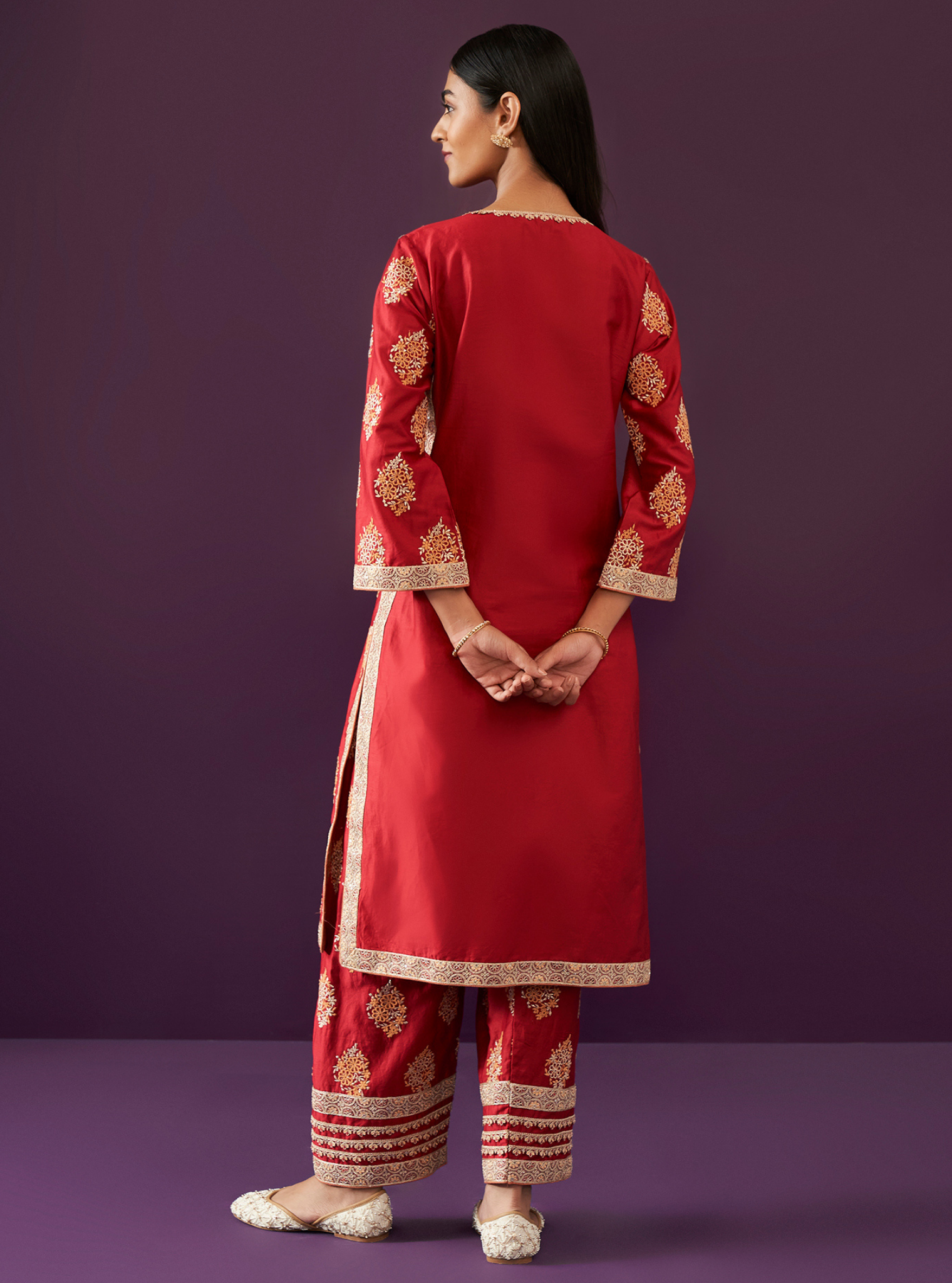 Mulmul Pima Satin Calita Red Kurta With Mulmul Pima Satin Calita Red Pant