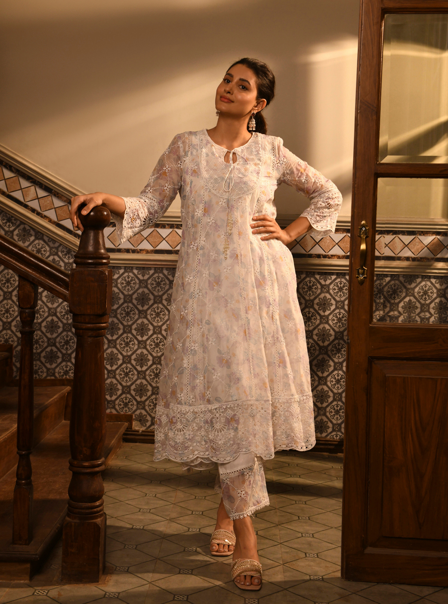 Mulmul Organza Idika White Printed Anarkali Kurta With Mulmul Cotton Idika White Pant