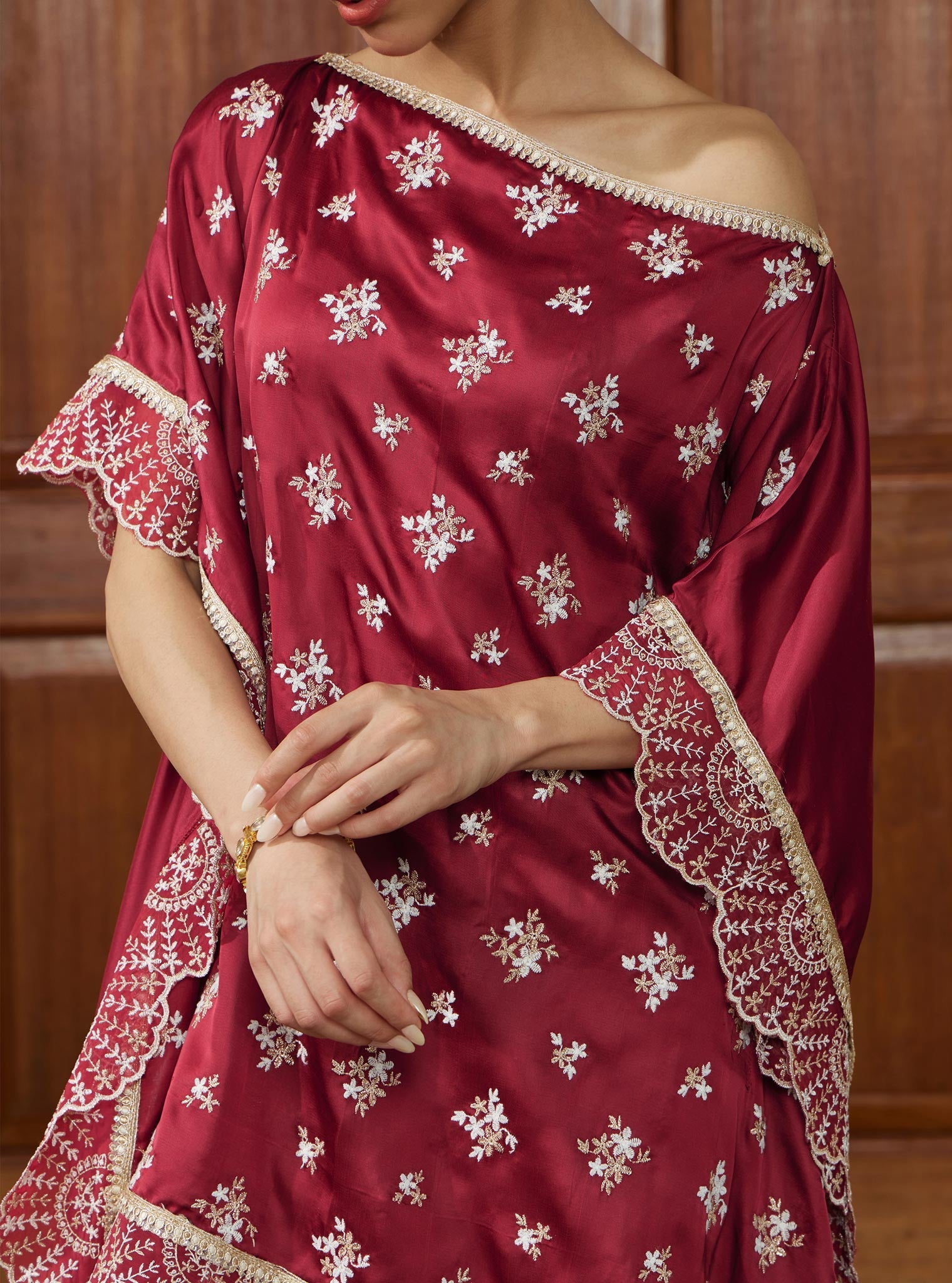 Mulmul Cupro Kasuni Wine Kaftan with Mulmul Cupro Kasuni Dhoti Wine Pant