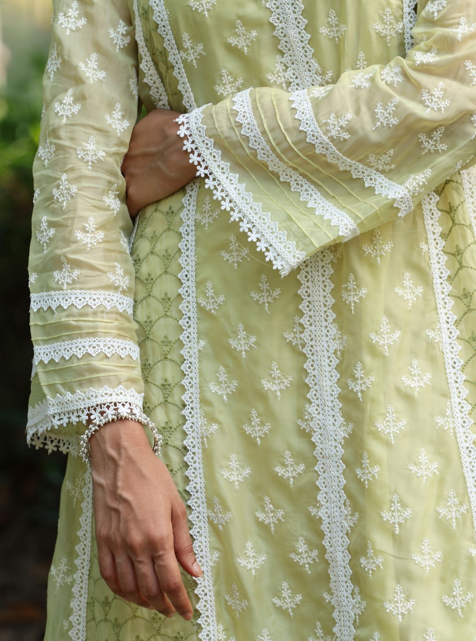 Mulmul Organza Maheen Lime Anarkali Kurta With Mulmul Cotton Maheen Lime Pant