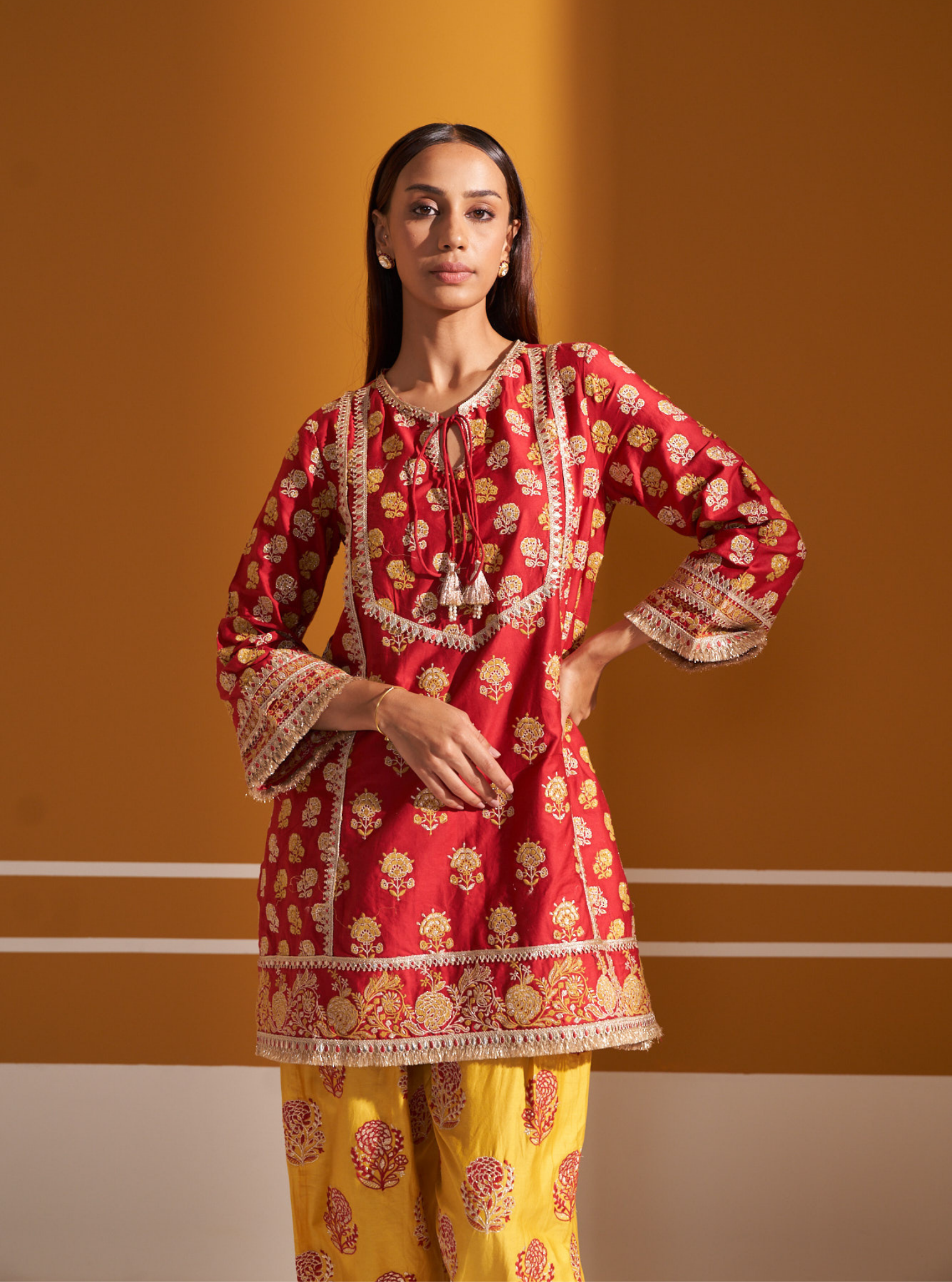 Mulmul Pima Satin Aphinya Red Kurta With Mulmul Pima Satin Aphinya Red Pant