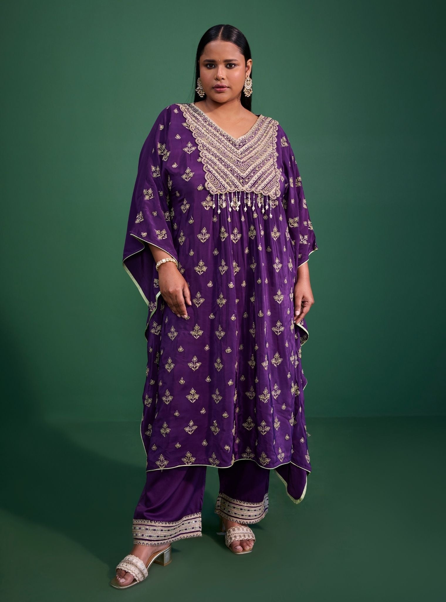 Mulmul Crepe Janam Purple Kaftan With Mulmul Pima Satin Janam Purple Pant