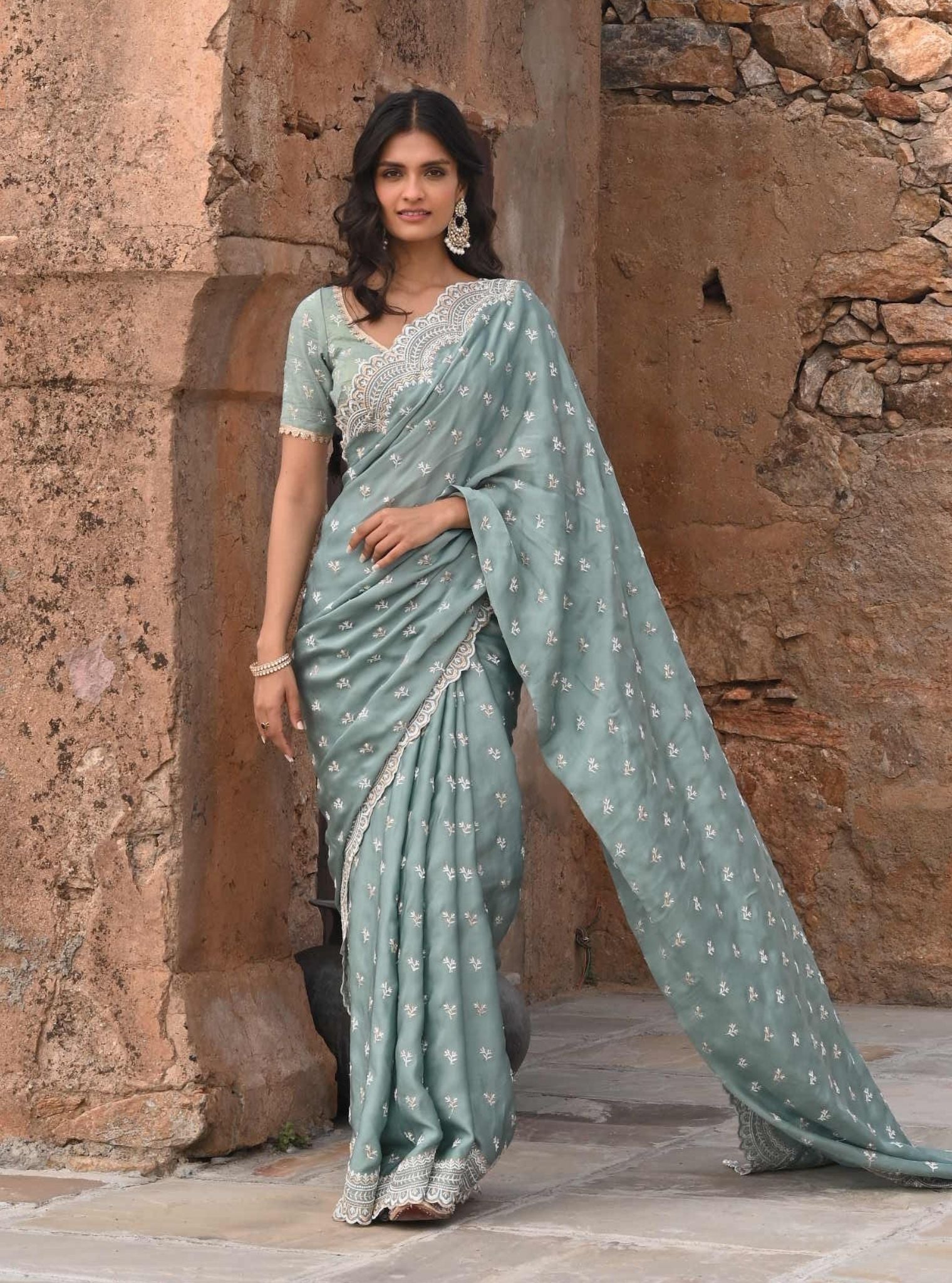 Mulmul Organza Satin Bindiya Teal Blue Saree