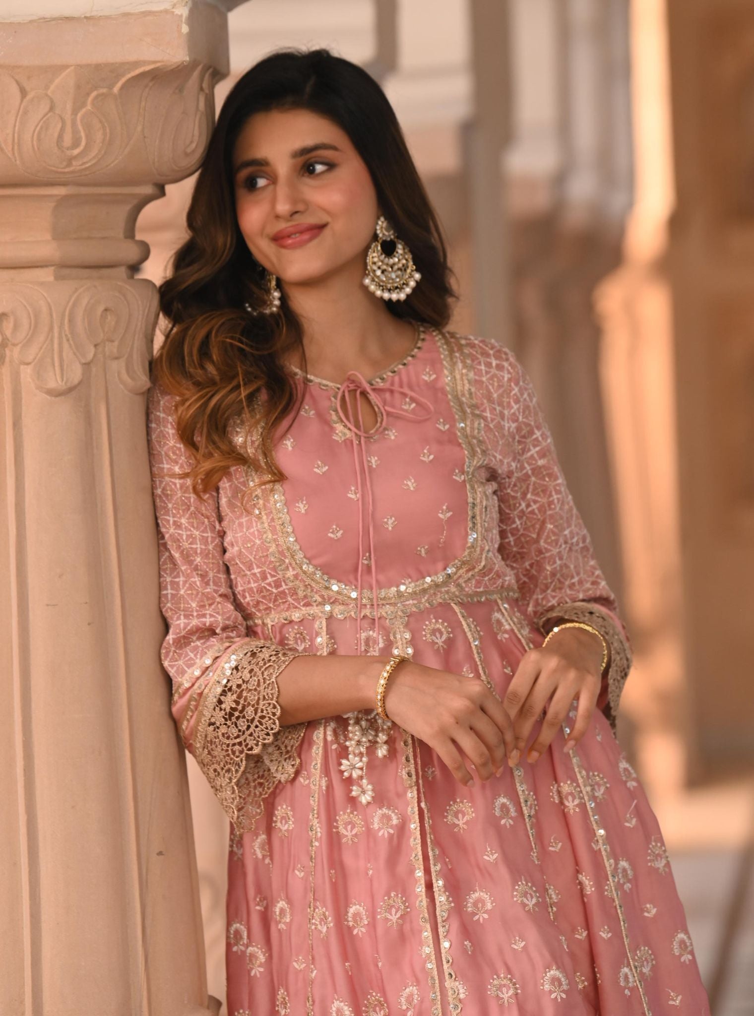 Mulmul Organza Satin Navrai Light Pink Anarkali Kurta with Mulmul Luxe Satin Navrai Light Pink Pant