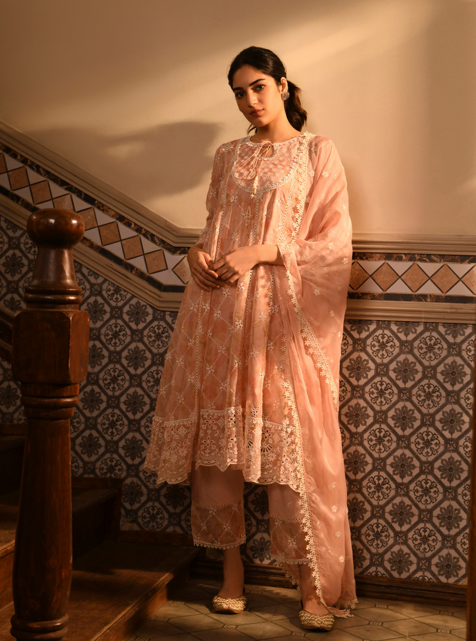 Mulmul Organza Idika Pink Printed Anarkali Kurta With Mulmul Cotton Idika Pink Pant