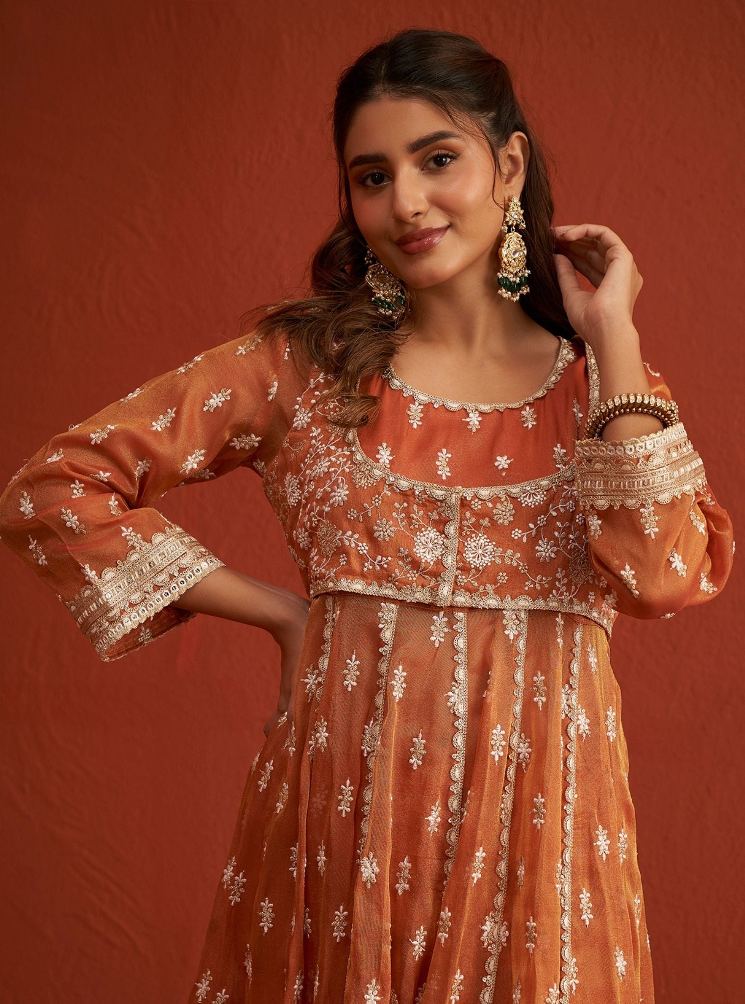 Mulmul Royal Tissue Genda Burnt Orange Anarkali Kurta With Mulmul Tissue Linen Satin Genda Burnt Orange Pant