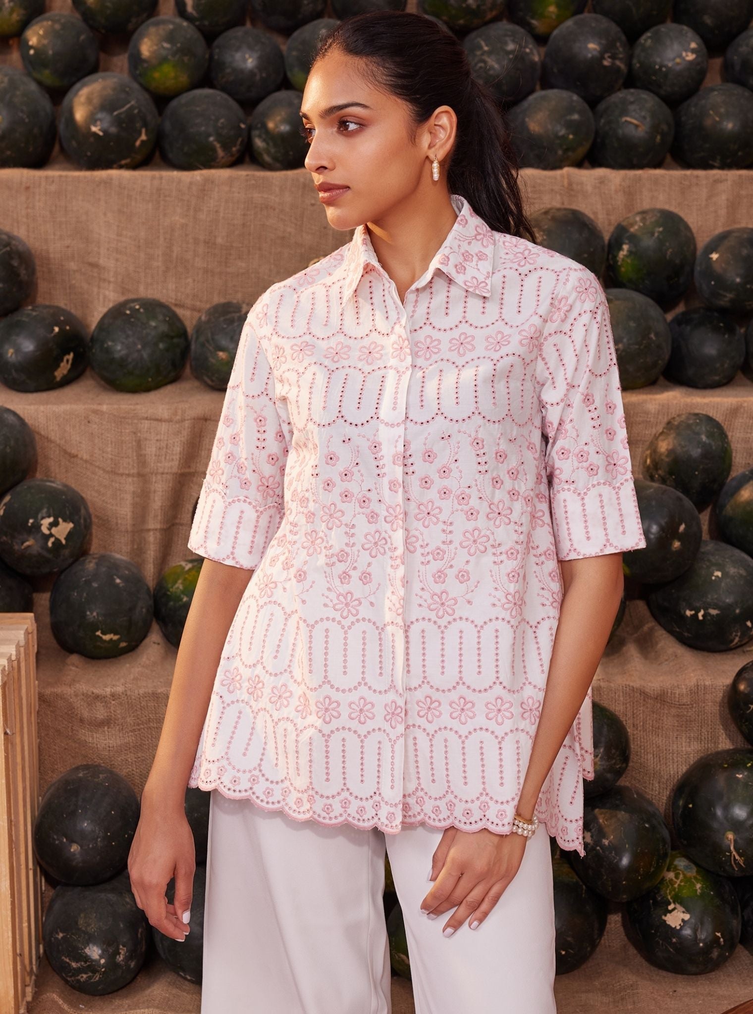 Mulmul Cotton Erica White Pink Shirt