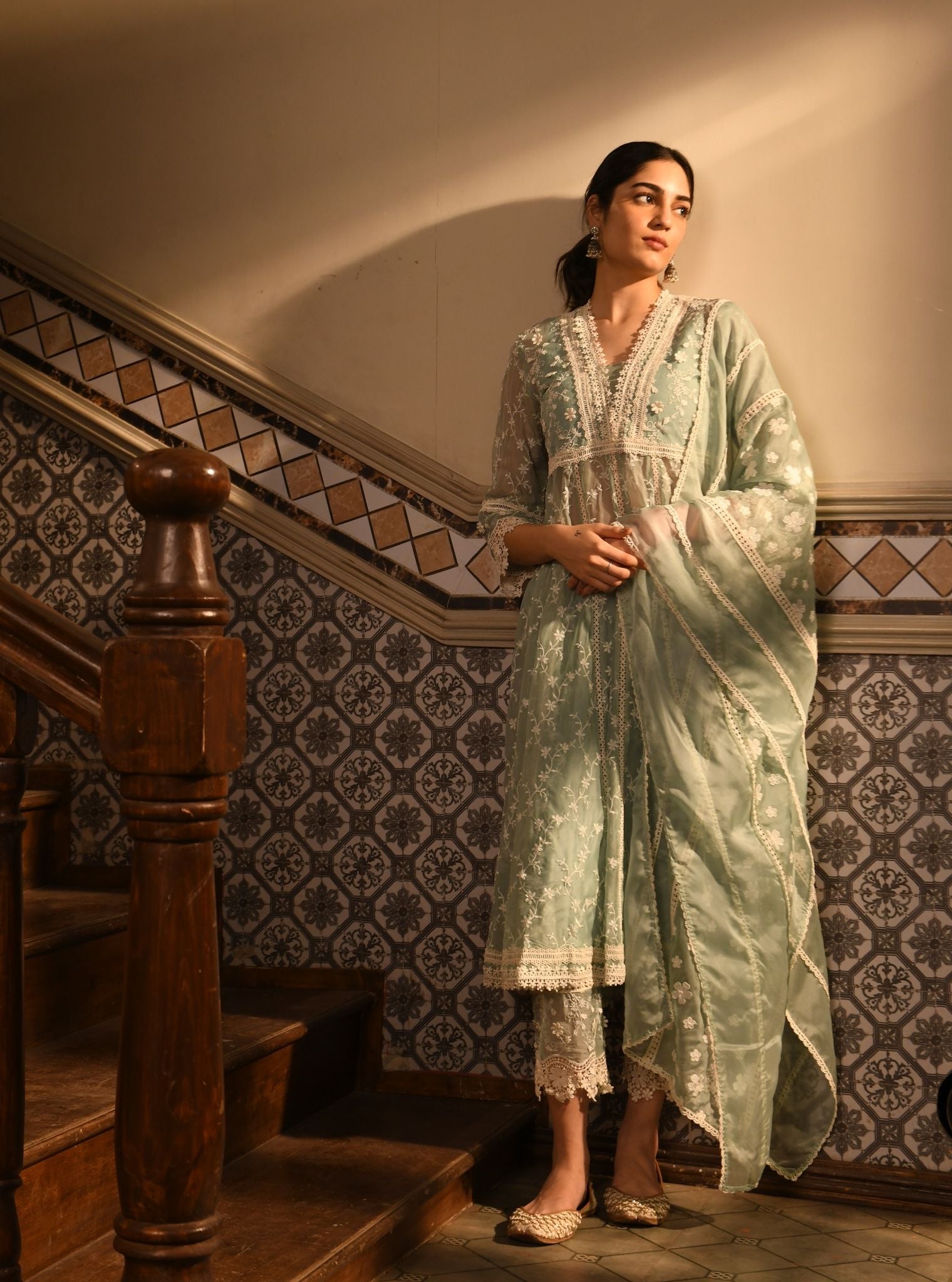 Mulmul Organza Capila Teal Blue Kurta With Mulmul Cotton Capila Teal Blue Pant