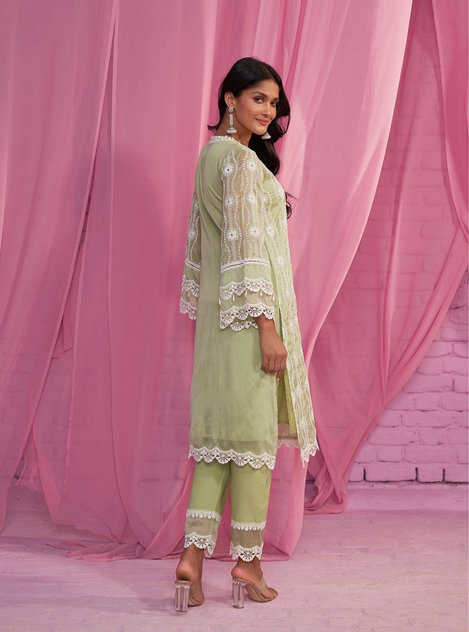 Mulmul Organza Izetta Green Kurta With Mulmul Cotton Izetta Green Pant