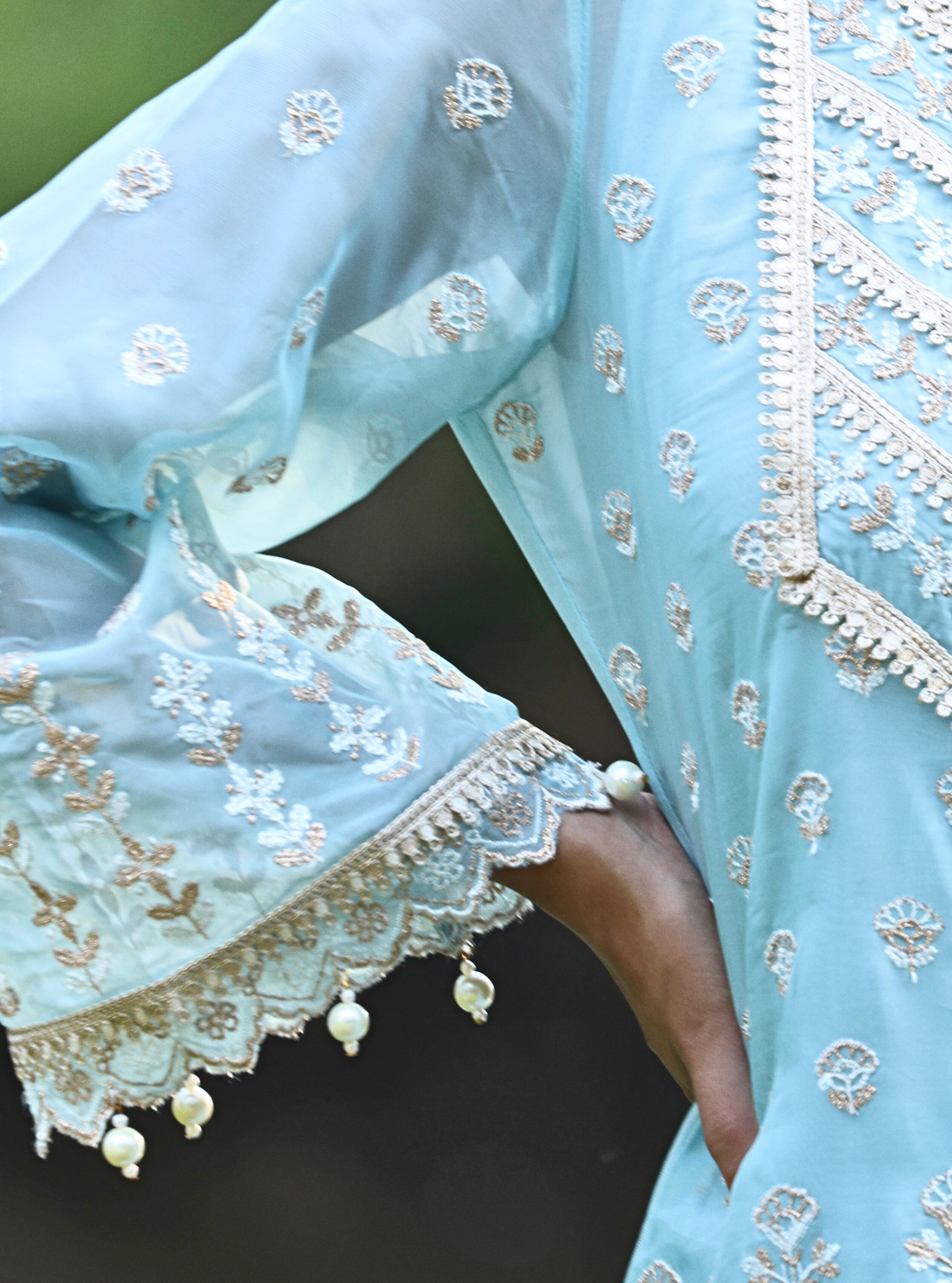 Mulmul Organza Kahani Blue Kurta With Mulmul Organza Kahani Blue Sharara