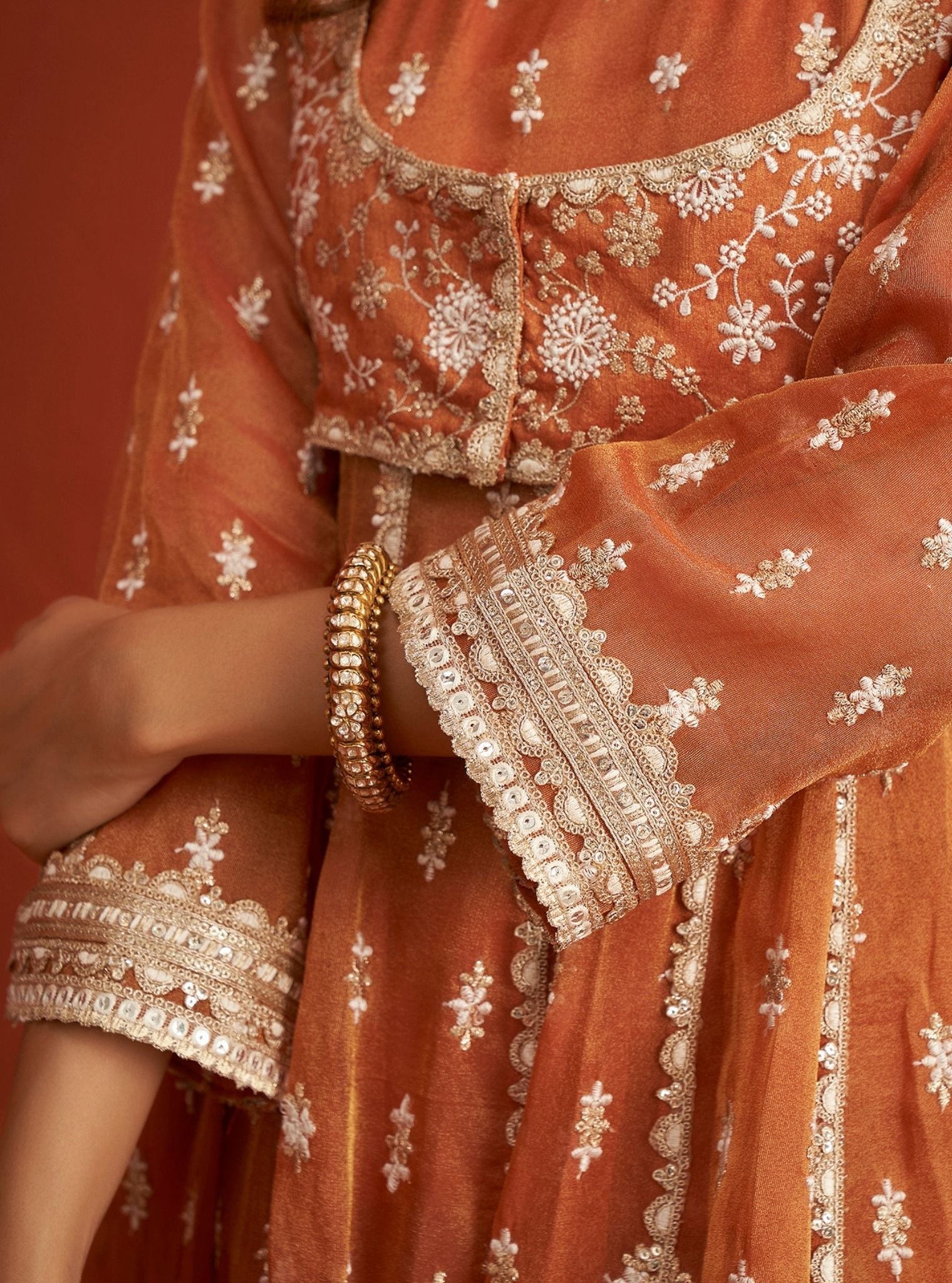 Mulmul Royal Tissue Genda Burnt Orange Anarkali Kurta With Mulmul Luxe Tissue Genda Burnt Orange Pant