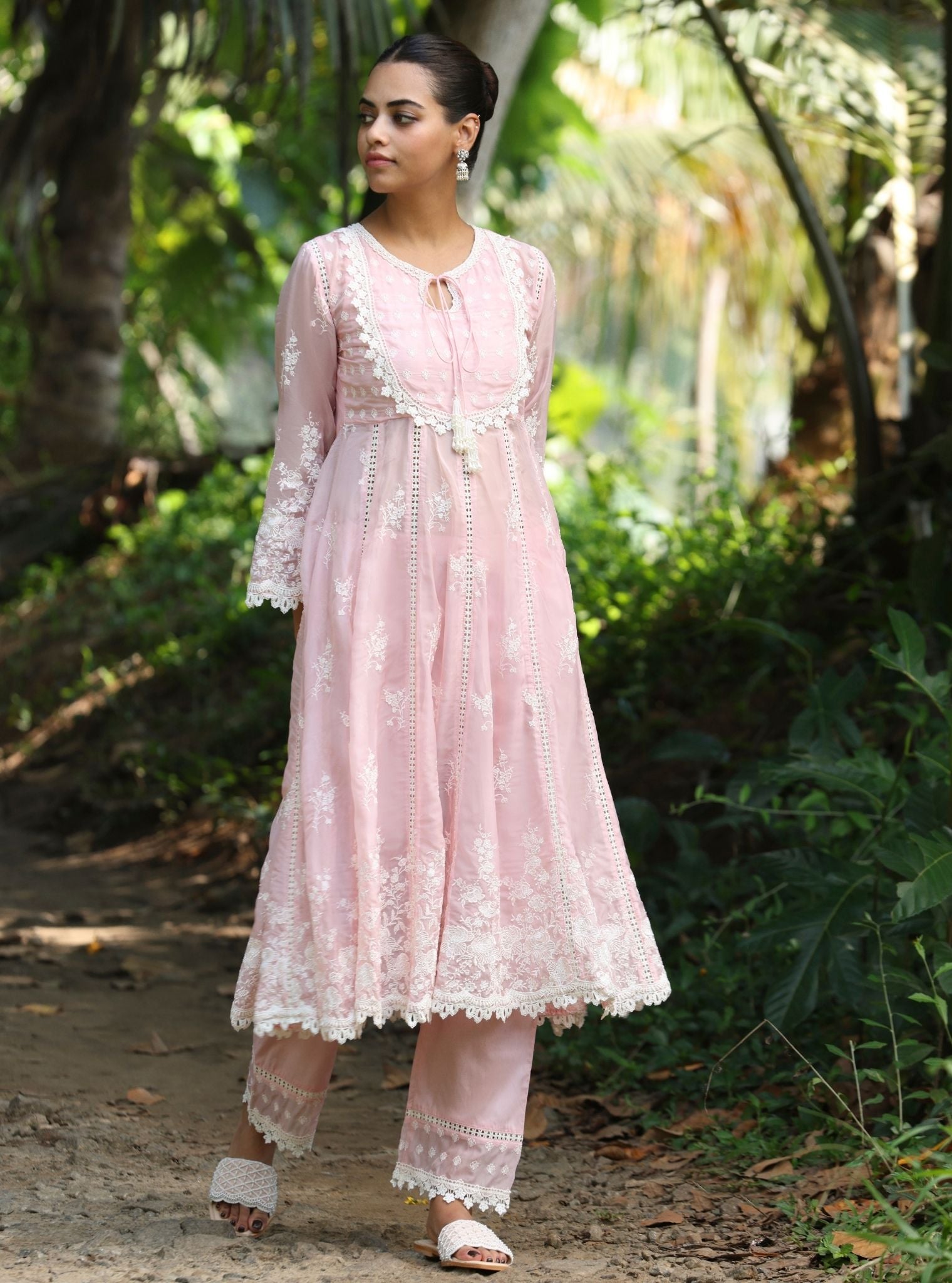 Mulmul Organza Neesa Pink Anarkali Kurta With Mulmul Cotton Neesa Pink Pant