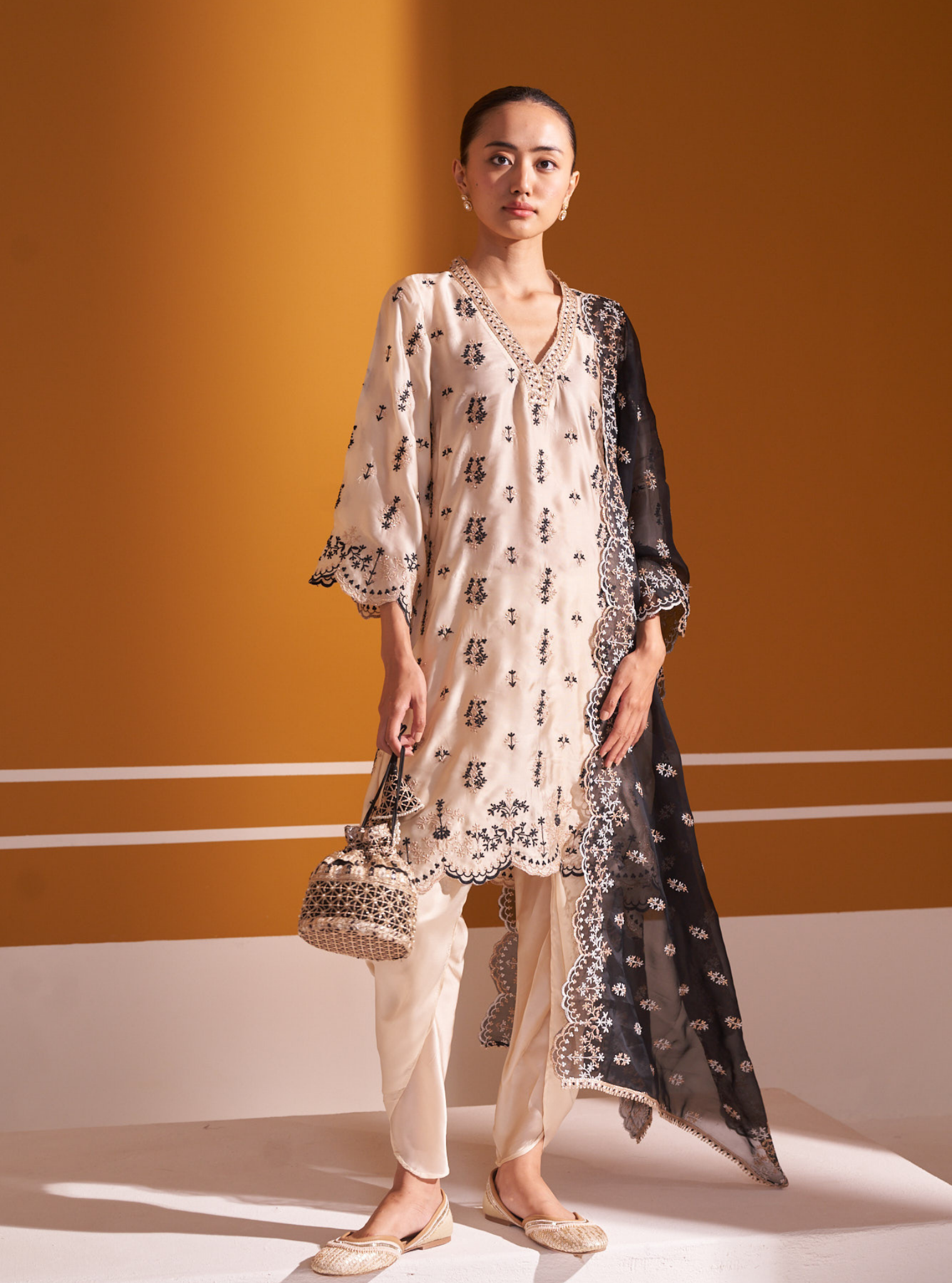 Mulmul Cupro Satin Callaia Off White kurta With Mulmul Cupro Satin Callaia Off White Salwar