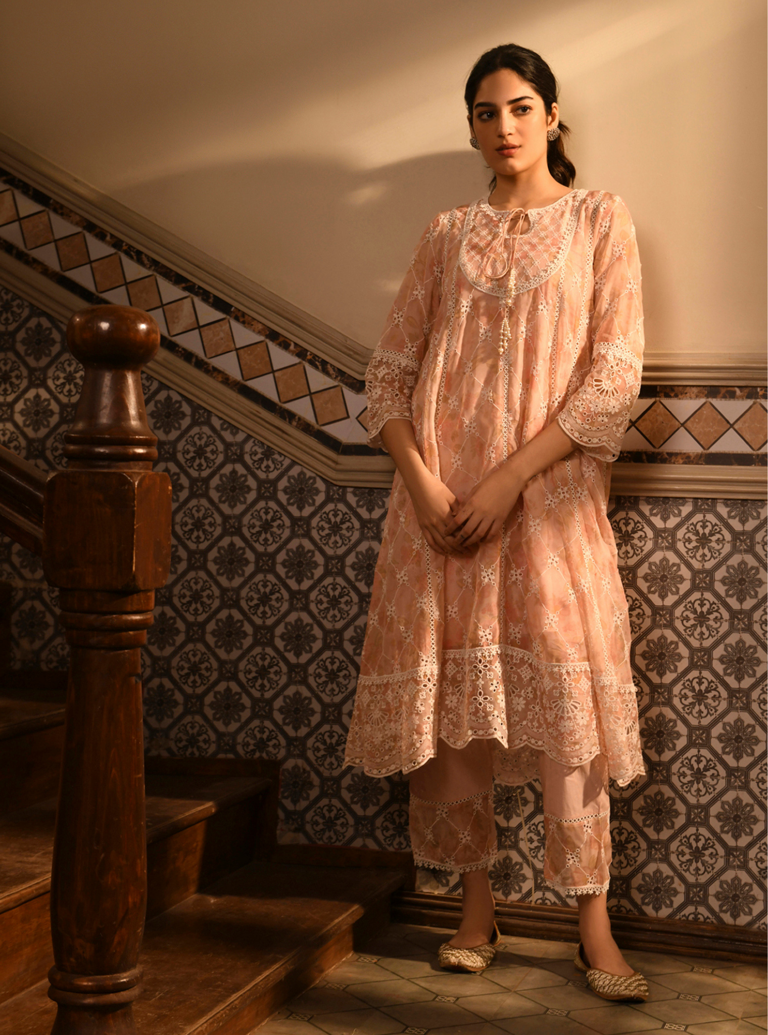 Mulmul Organza Idika Pink Printed Anarkali Kurta With Mulmul Cotton Idika Pink Pant