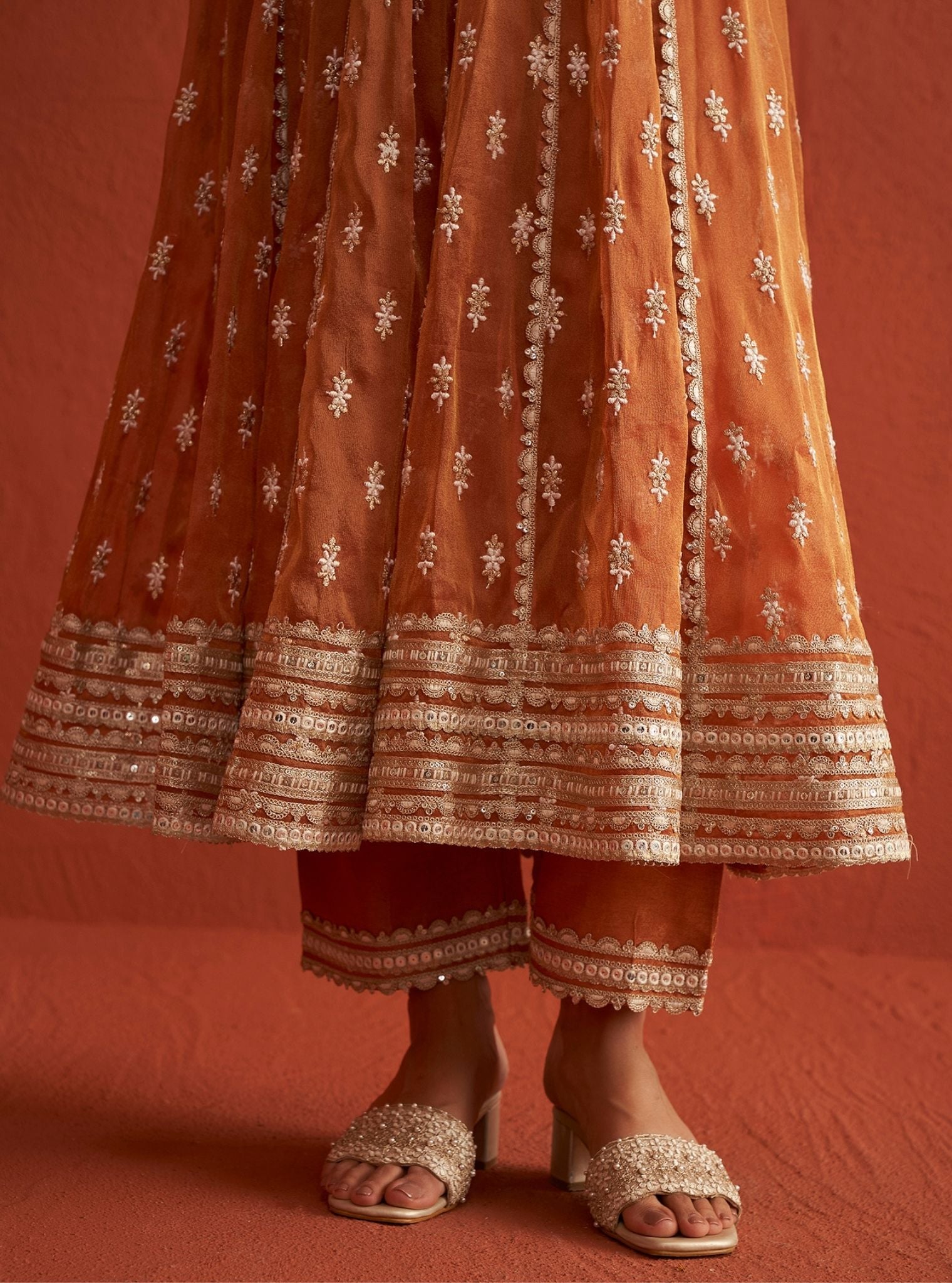 Mulmul Royal Tissue Genda Burnt Orange Anarkali Kurta With Mulmul Tissue Linen Satin Genda Burnt Orange Pant