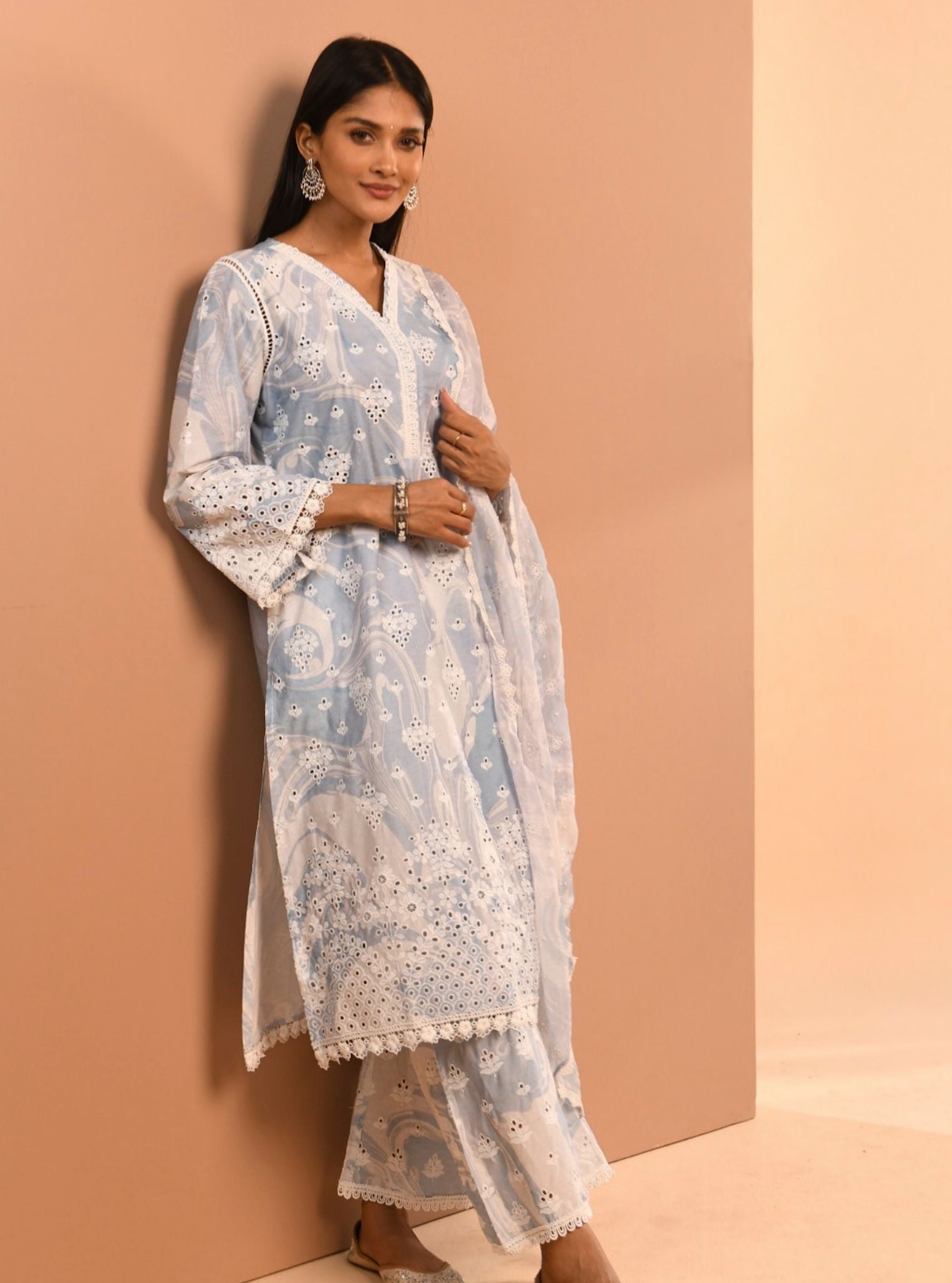 Mulmul Cotton Marble Opal Blue Kurta With Mulmul Marbel Opal Blue Pant