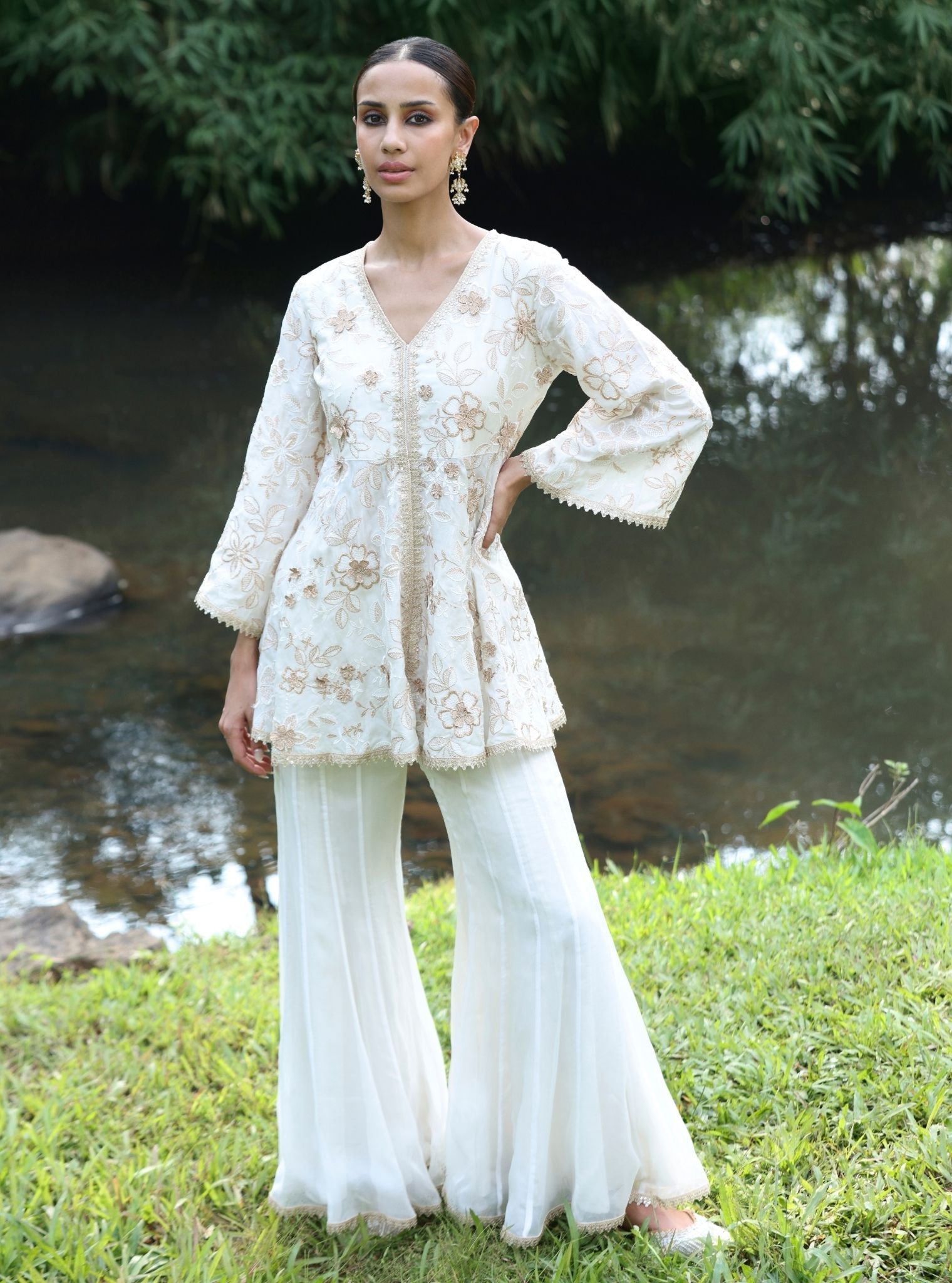 Mulmul Modal Silk Manjha Off White Top With Mulmul Organza Manjha Off White Sharara