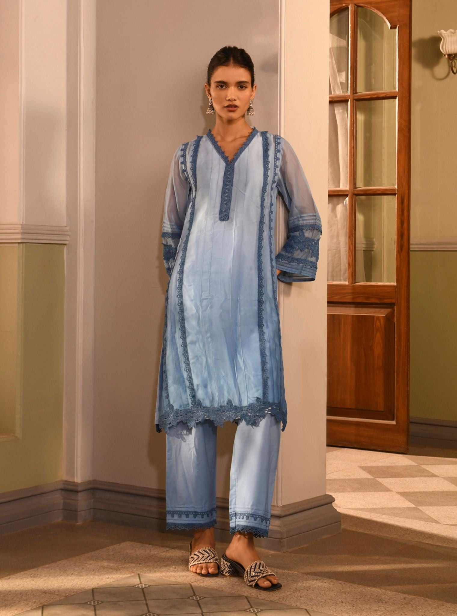 Mulmul Organza Vaya Blue Kurta With Mulmul Cotton Vaya Blue Pant