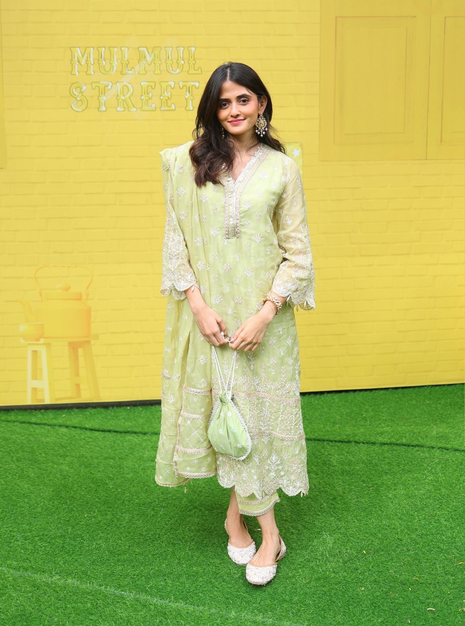 Mulmul Organza Aulia Lime Green Kurta With Mulmul Cotton Aulia Lime Green Pant