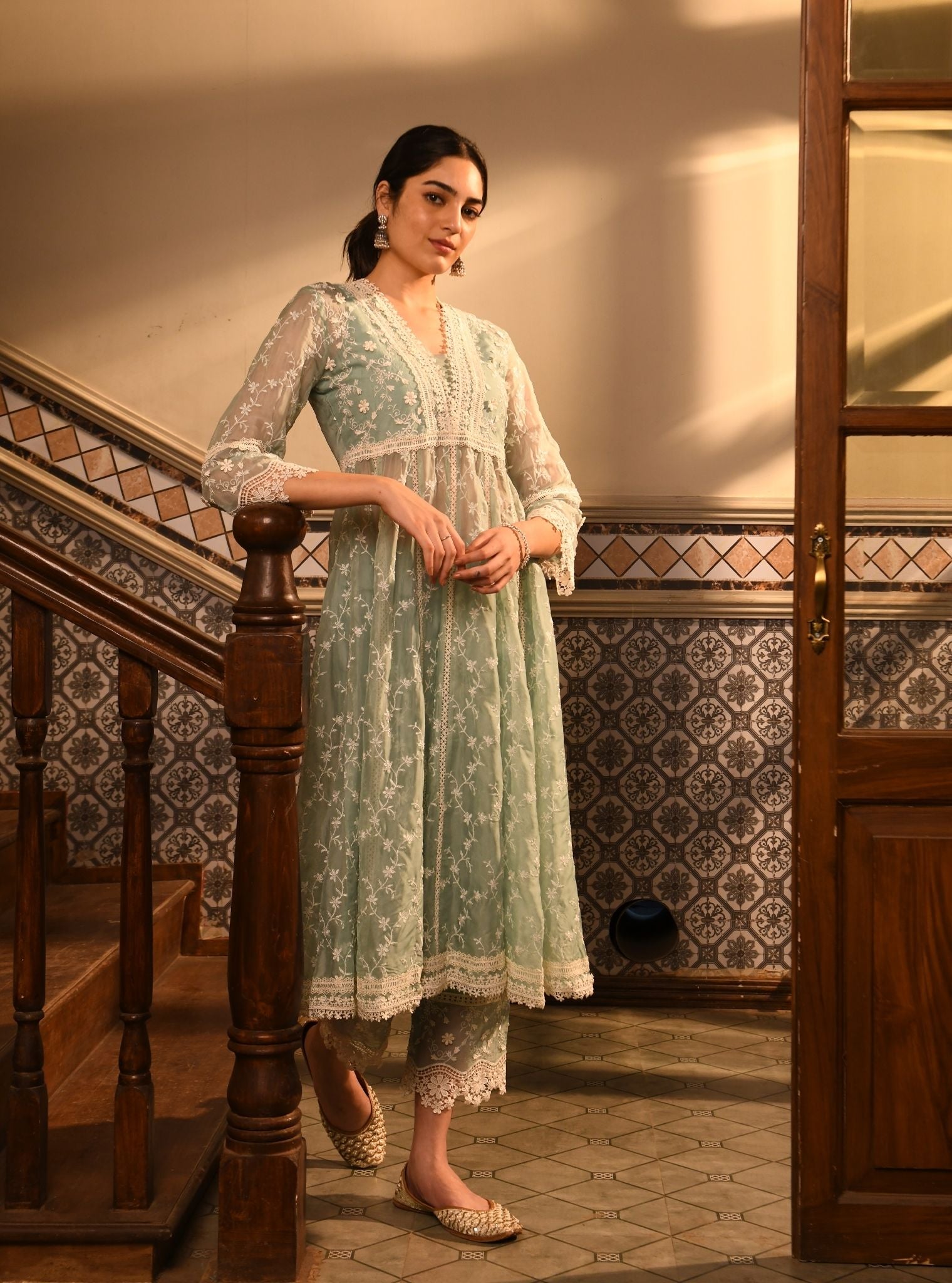 Mulmul Organza Capila Teal Blue Kurta With Mulmul Cotton Capila Teal Blue Pant