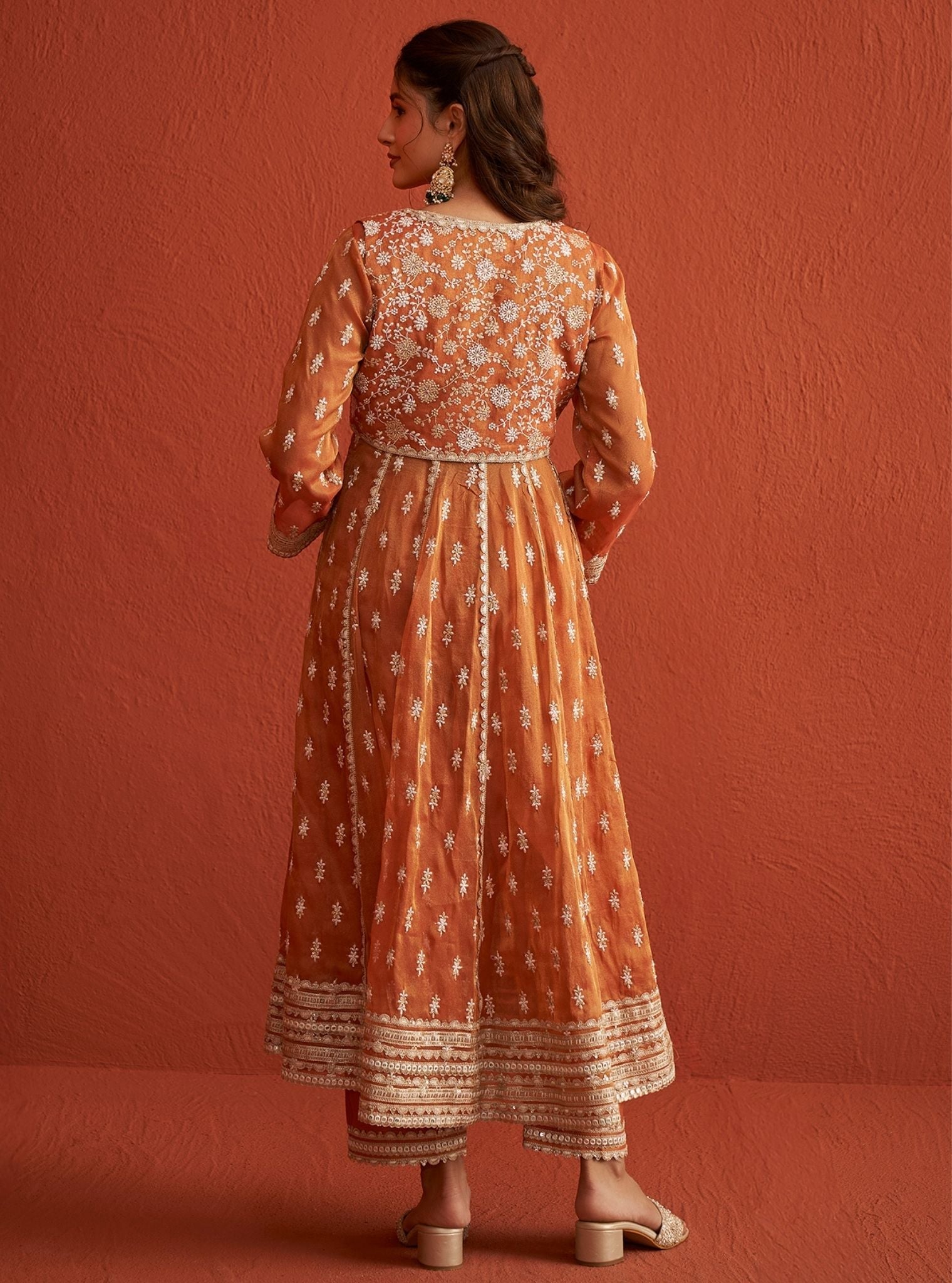 Mulmul Royal Tissue Genda Burnt Orange Anarkali Kurta With Mulmul Luxe Tissue Genda Burnt Orange Pant