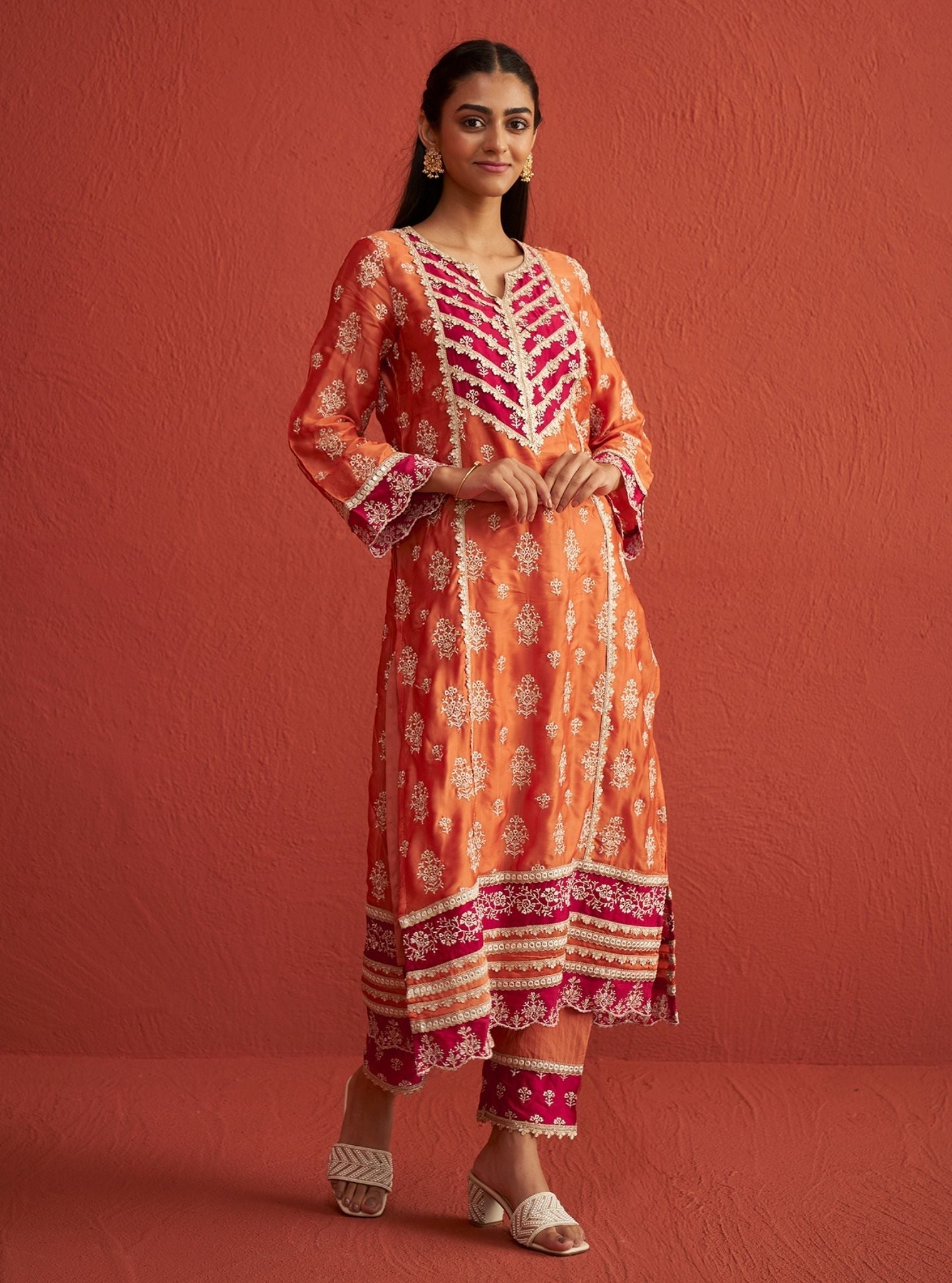 Mulmul Organza Satin Shubh Burnt Orange Kurta With Mulmul Pima Satin Shubh Burnt Orange Pant