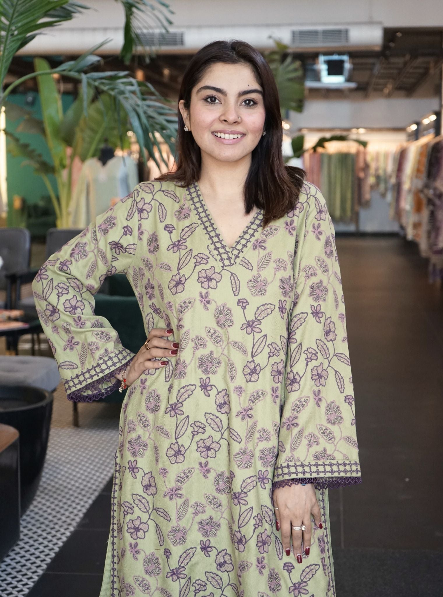 Mulmul Wool Clare Green Kurta With Mulmul Wool Clare Green Pant