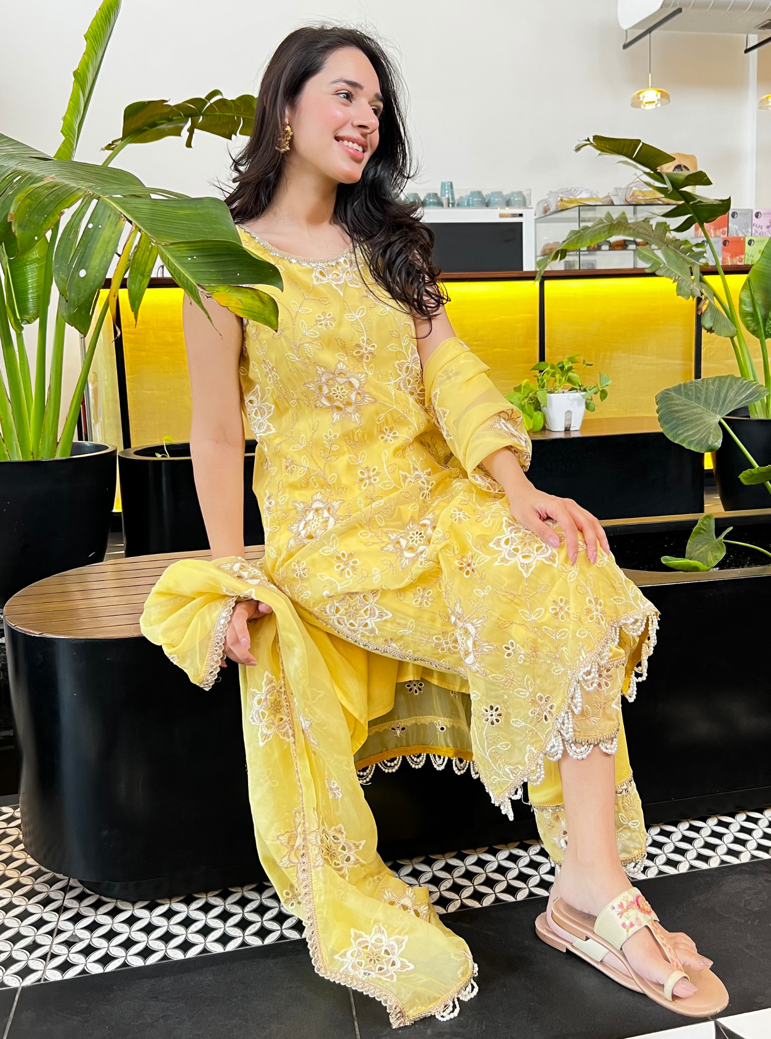 Mulmul Organza Jugni Yellow Kurta With Mulmul Pima Jugni Yellow Pant